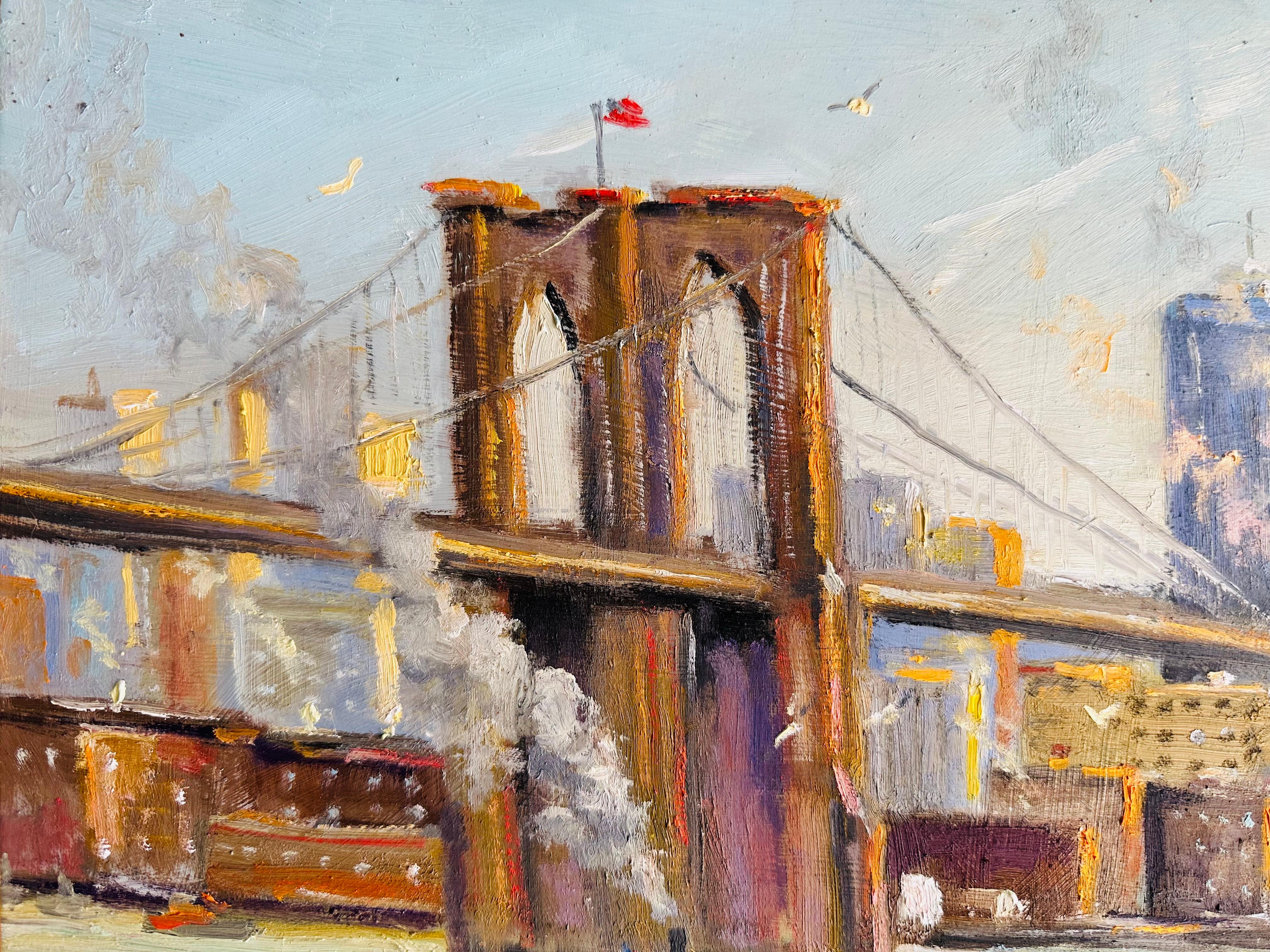 20th Century Morning on East River New York City Impressionist Bridge Boat Scene Oil Painting For Sale