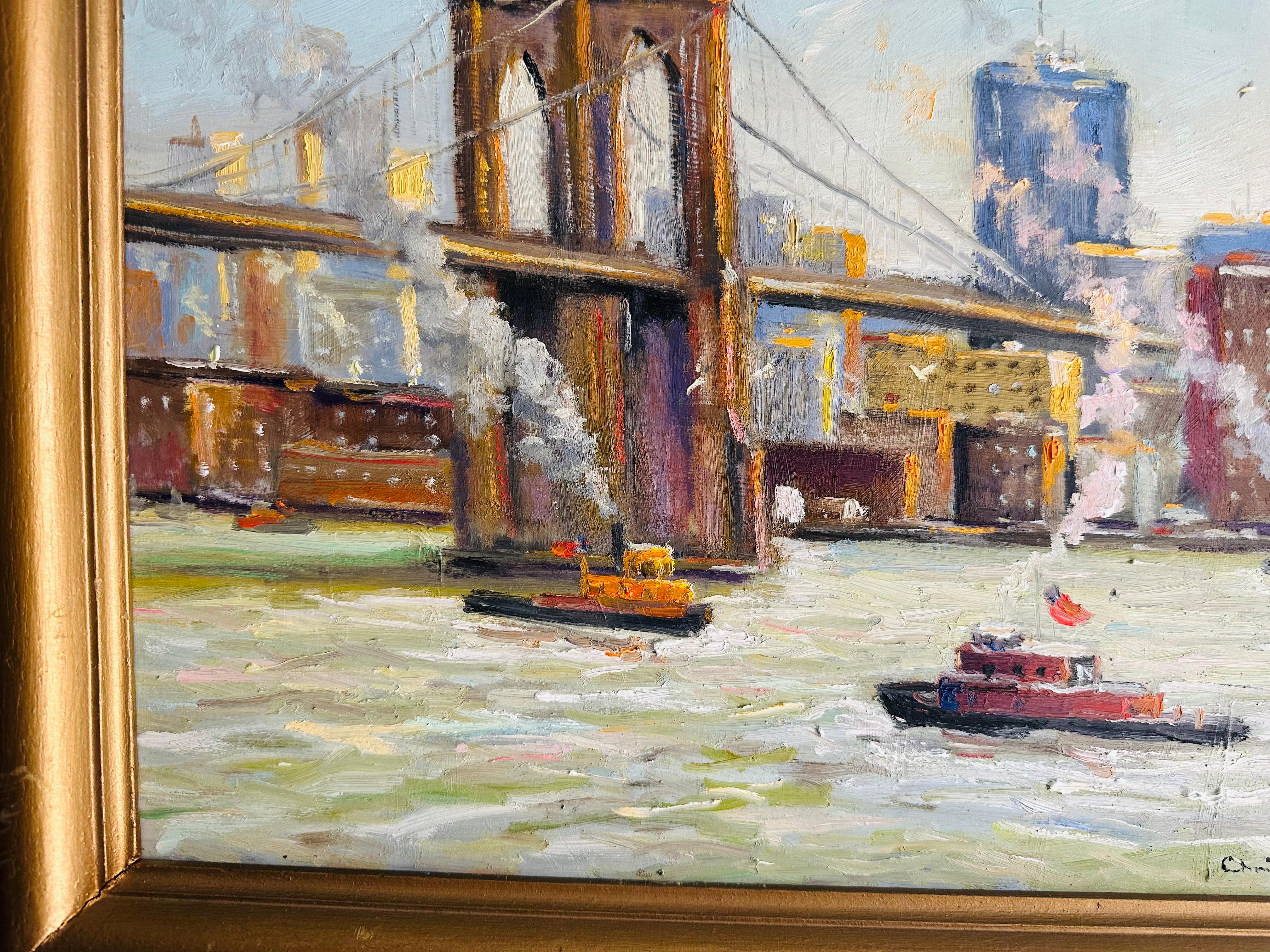 Canvas Morning on East River New York City Impressionist Bridge Boat Scene Oil Painting For Sale