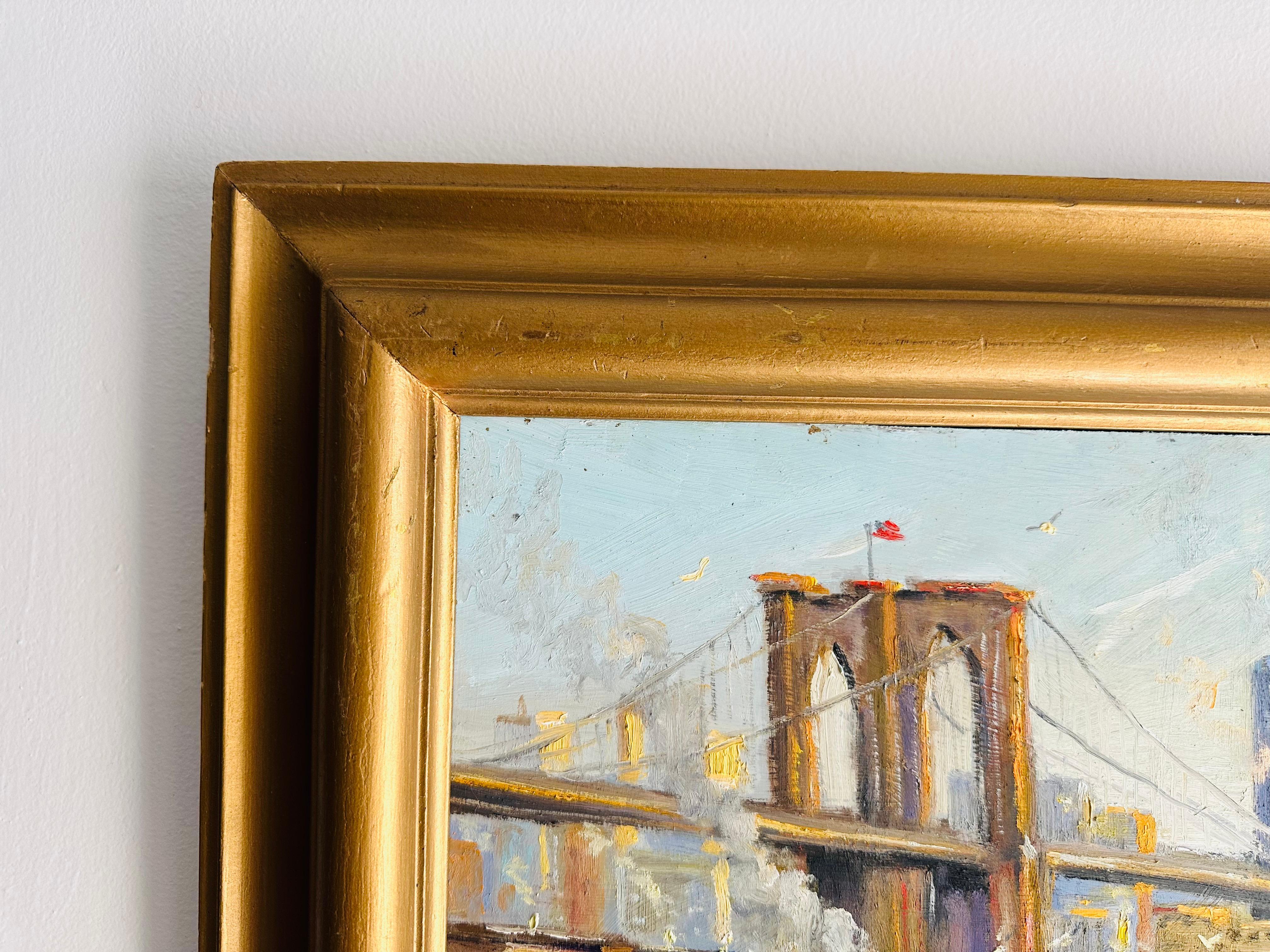 Morning on East River New York City Impressionist Bridge Boat Scene Oil Painting For Sale 1