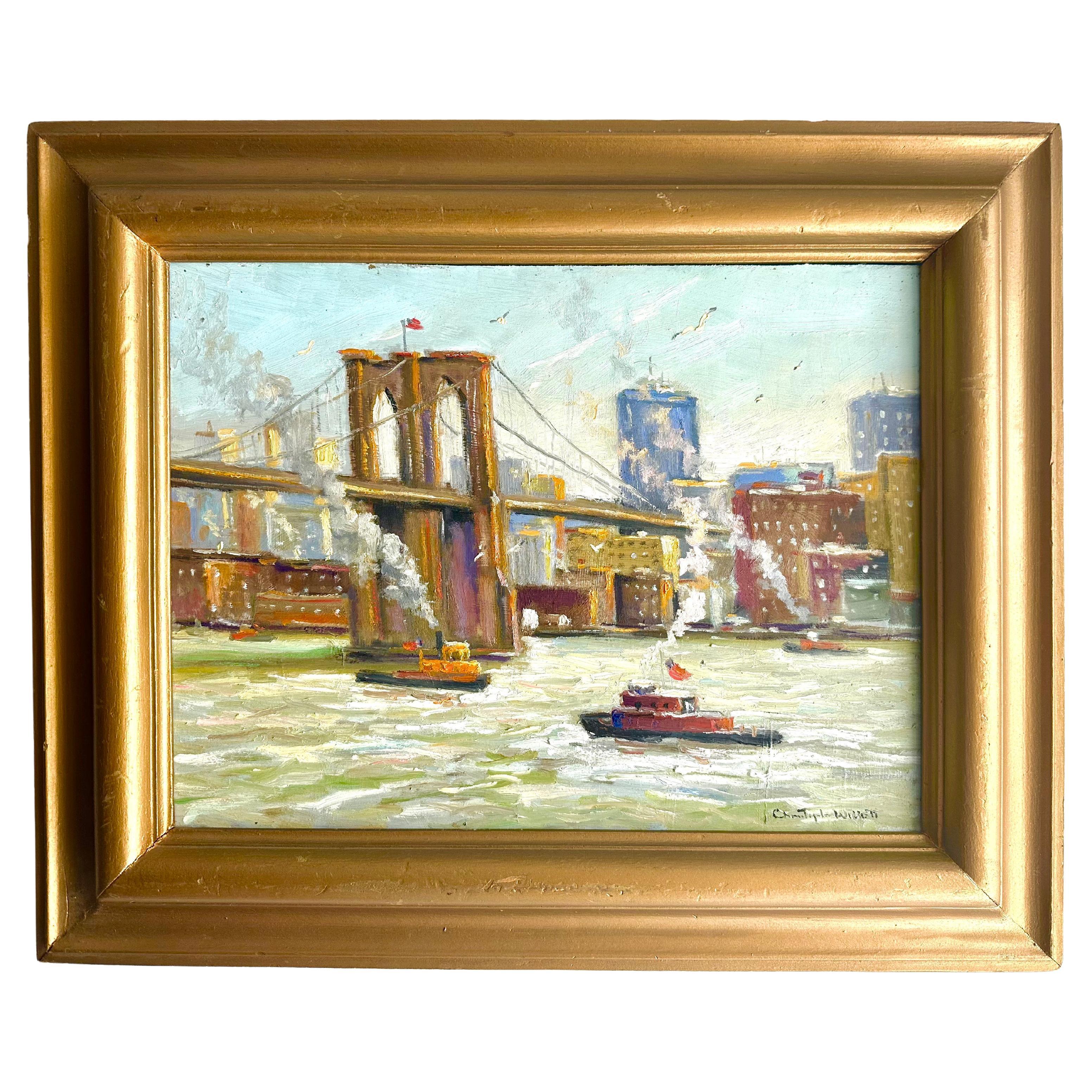 Morning on East River New York City Impressionist Bridge Boat Scene Oil Painting For Sale