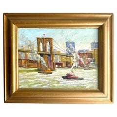 Retro Morning on East River New York City Impressionist Bridge Boat Scene Oil Painting