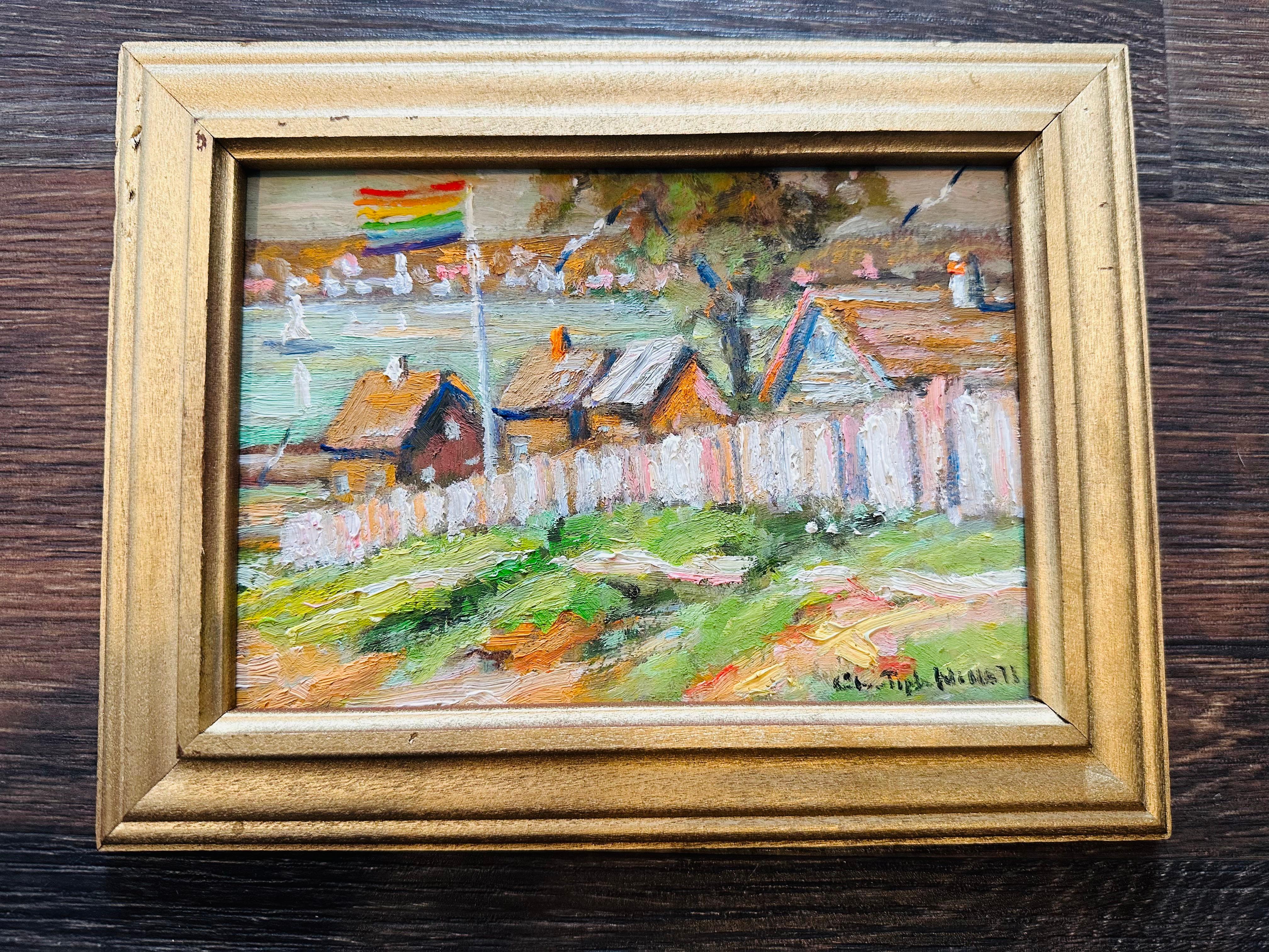 Impressionist large Provincetown Massachusetts - A sunny and prideful morning walk in Provincetown. Birds soaring over the hill, with sail boats drifting in the wind below. Centering an LGBTQ flag flowing gracefully in the summer sun. From early