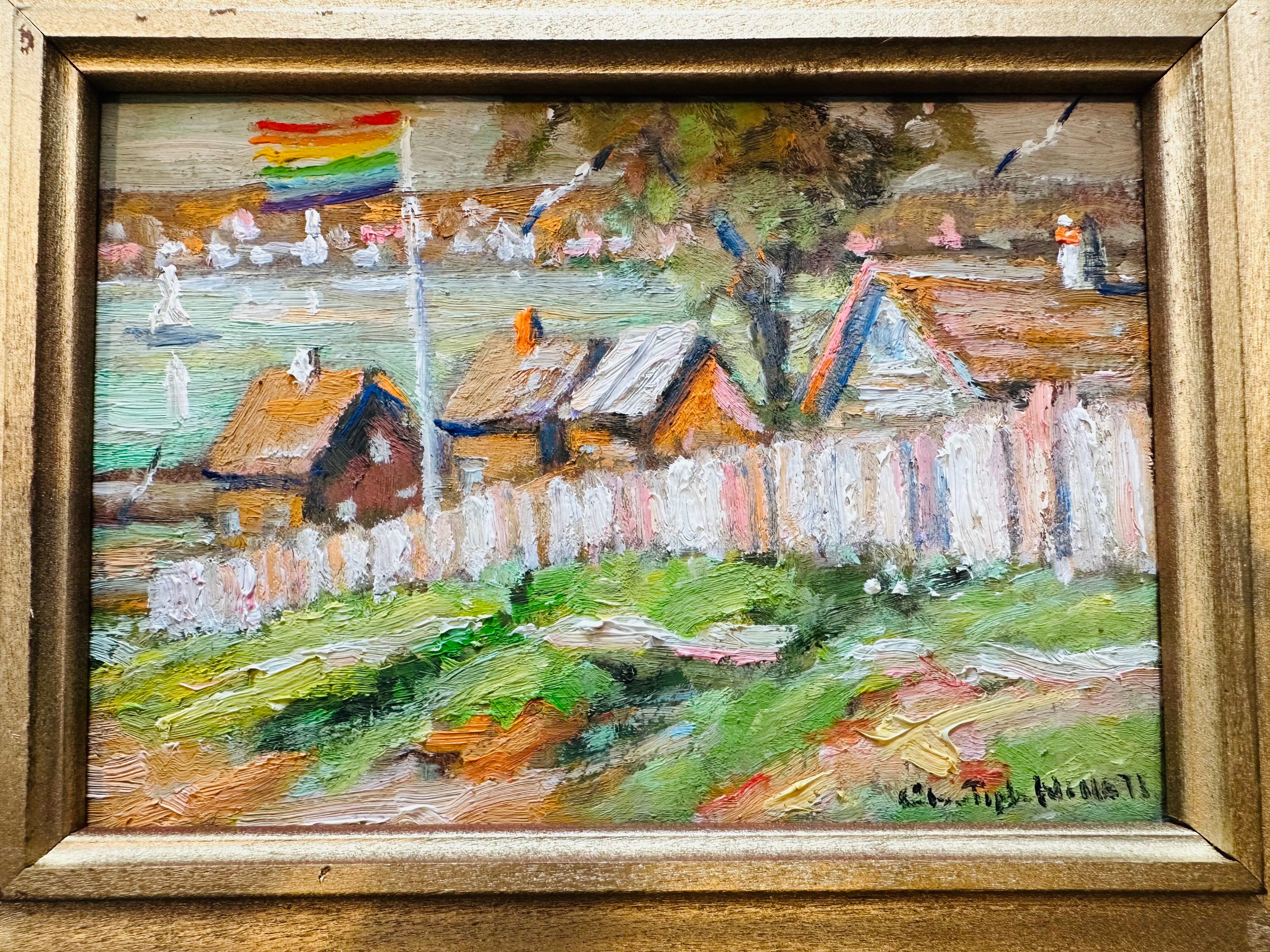 Morning Sunrise Provincetown MA Pride Flag Impressionist Bird House Oil Painting In Excellent Condition For Sale In Philadelphia, PA