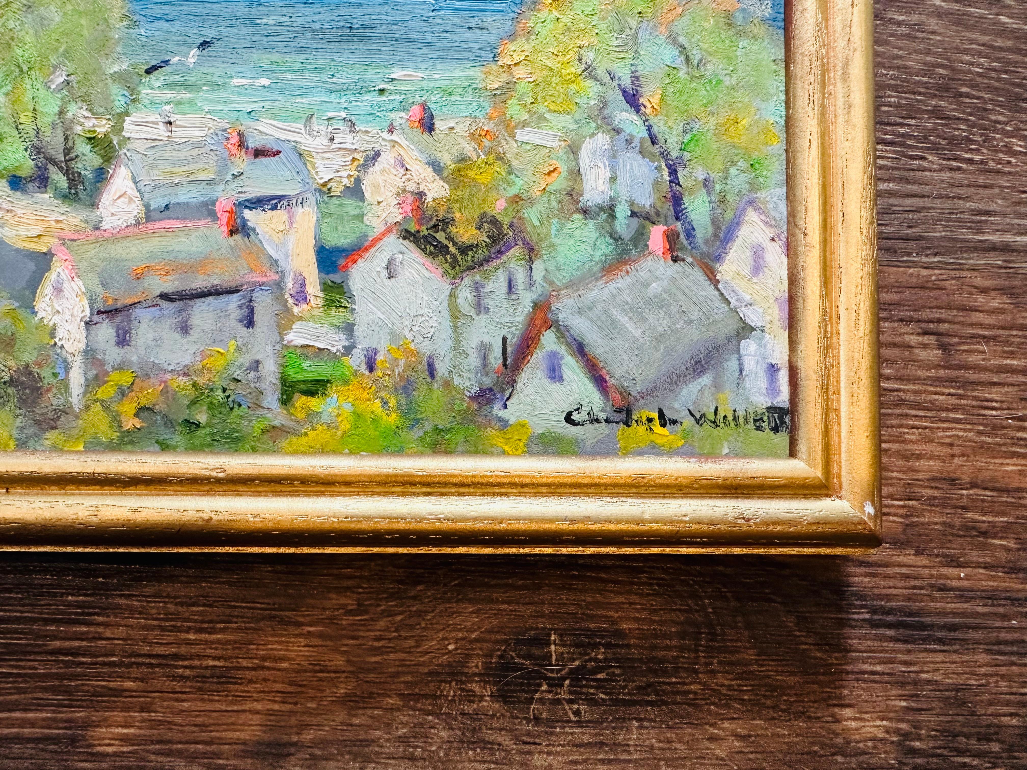 Alba mattutina Provincetown MA Bandiera dell'Orgoglio Pittura ad olio impressionista della casa degli uccelli in vendita 1