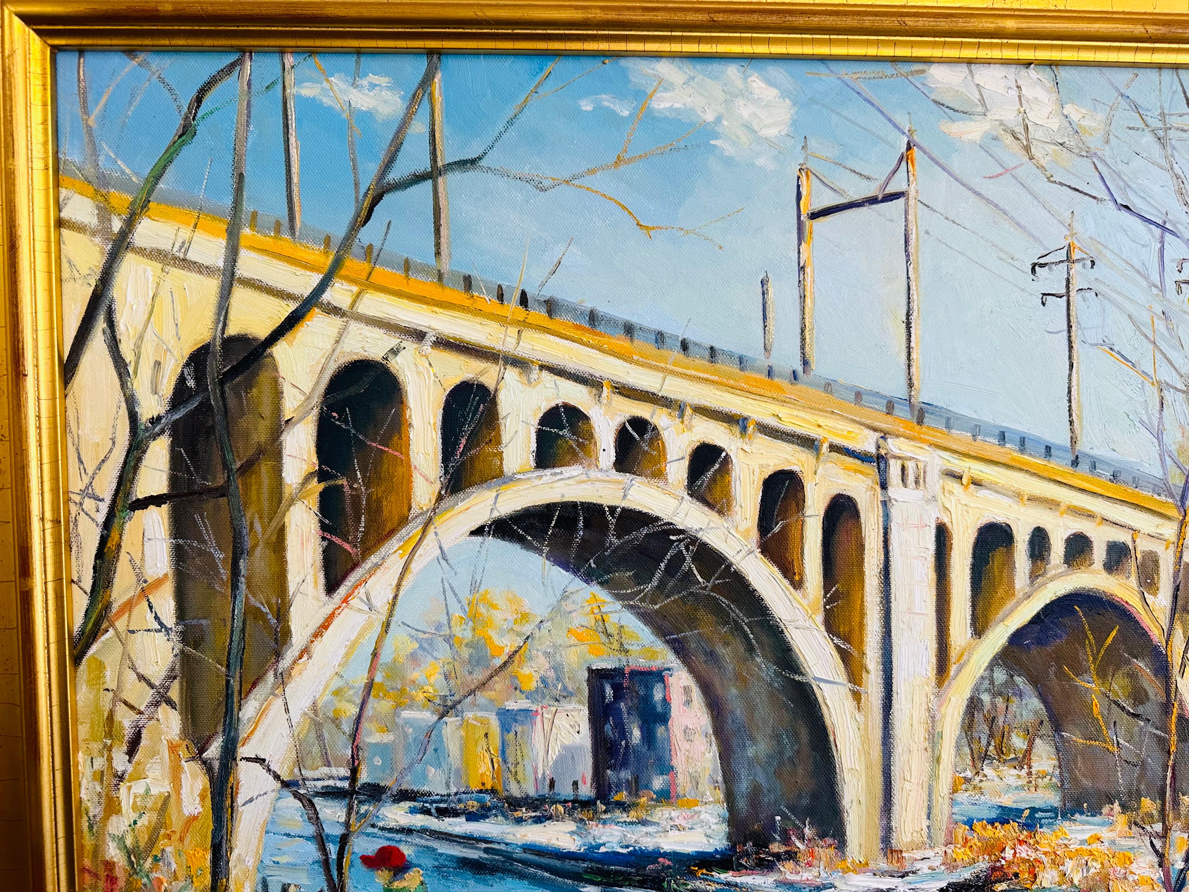 American Classical Morning Walk on the Manyaunk Philadelphia Bridge Impressionist Oil Painting For Sale