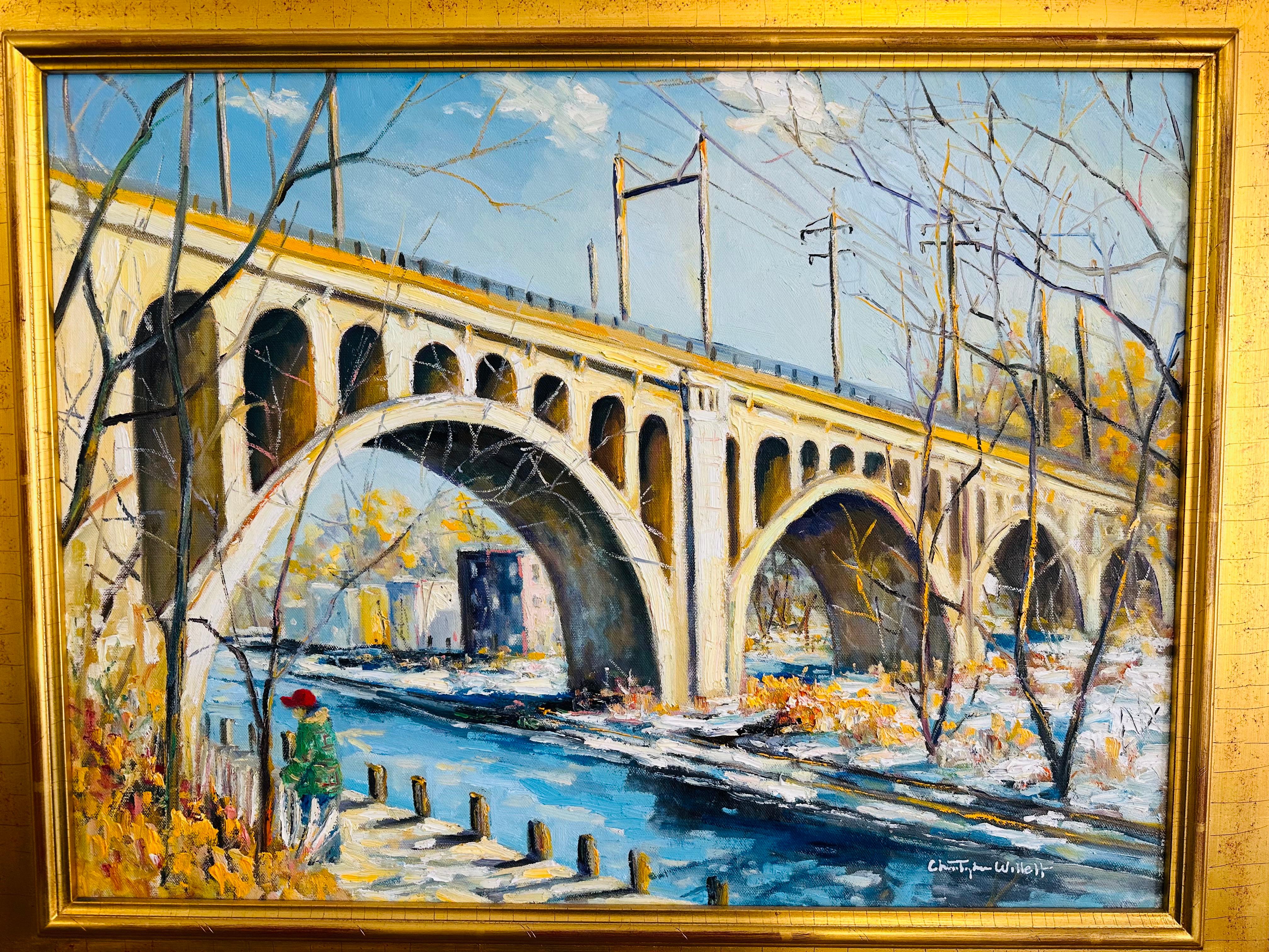 Oiled Morning Walk on the Manyaunk Philadelphia Bridge Impressionist Oil Painting For Sale