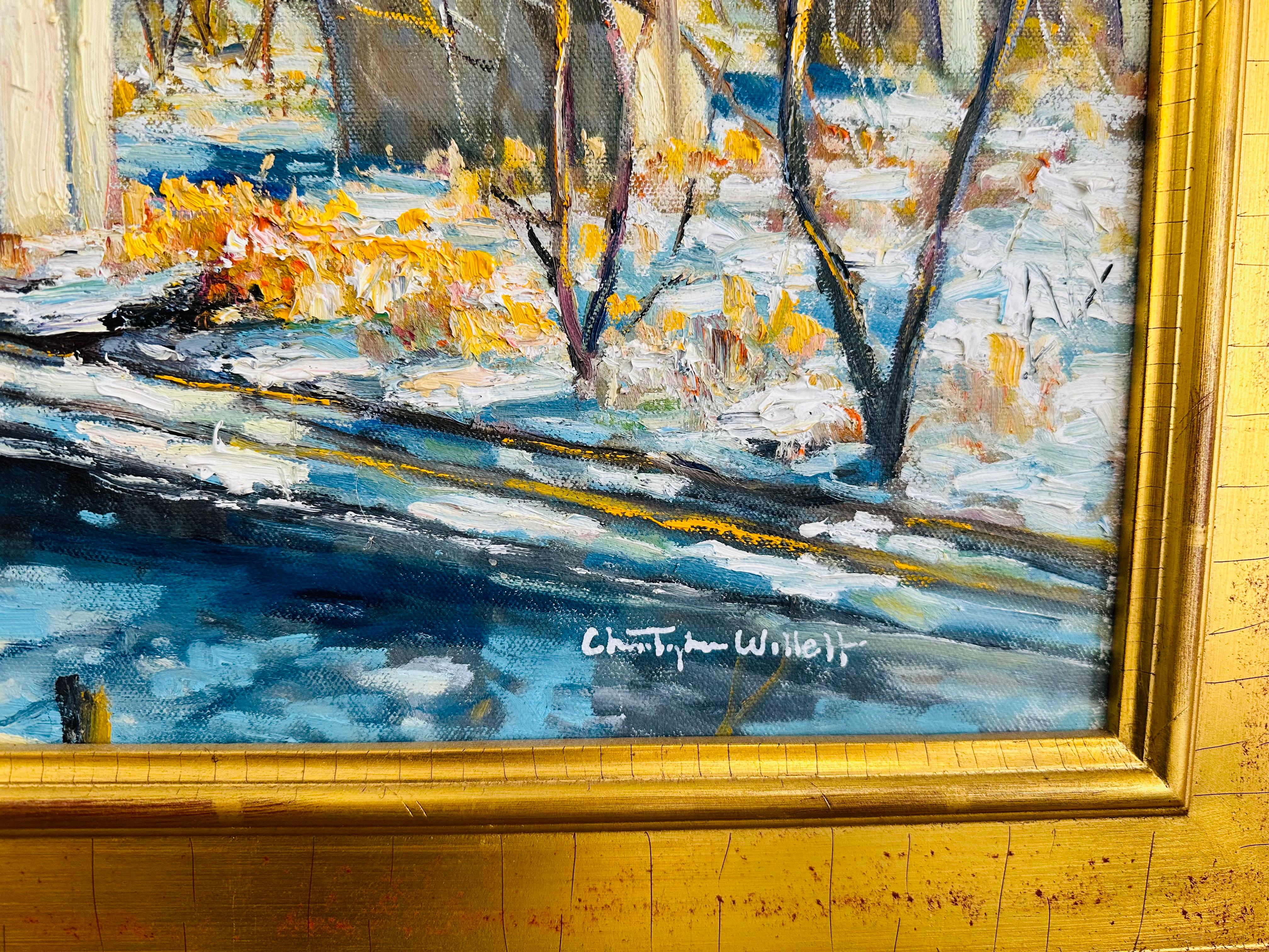 20th Century Morning Walk on the Manyaunk Philadelphia Bridge Impressionist Oil Painting For Sale