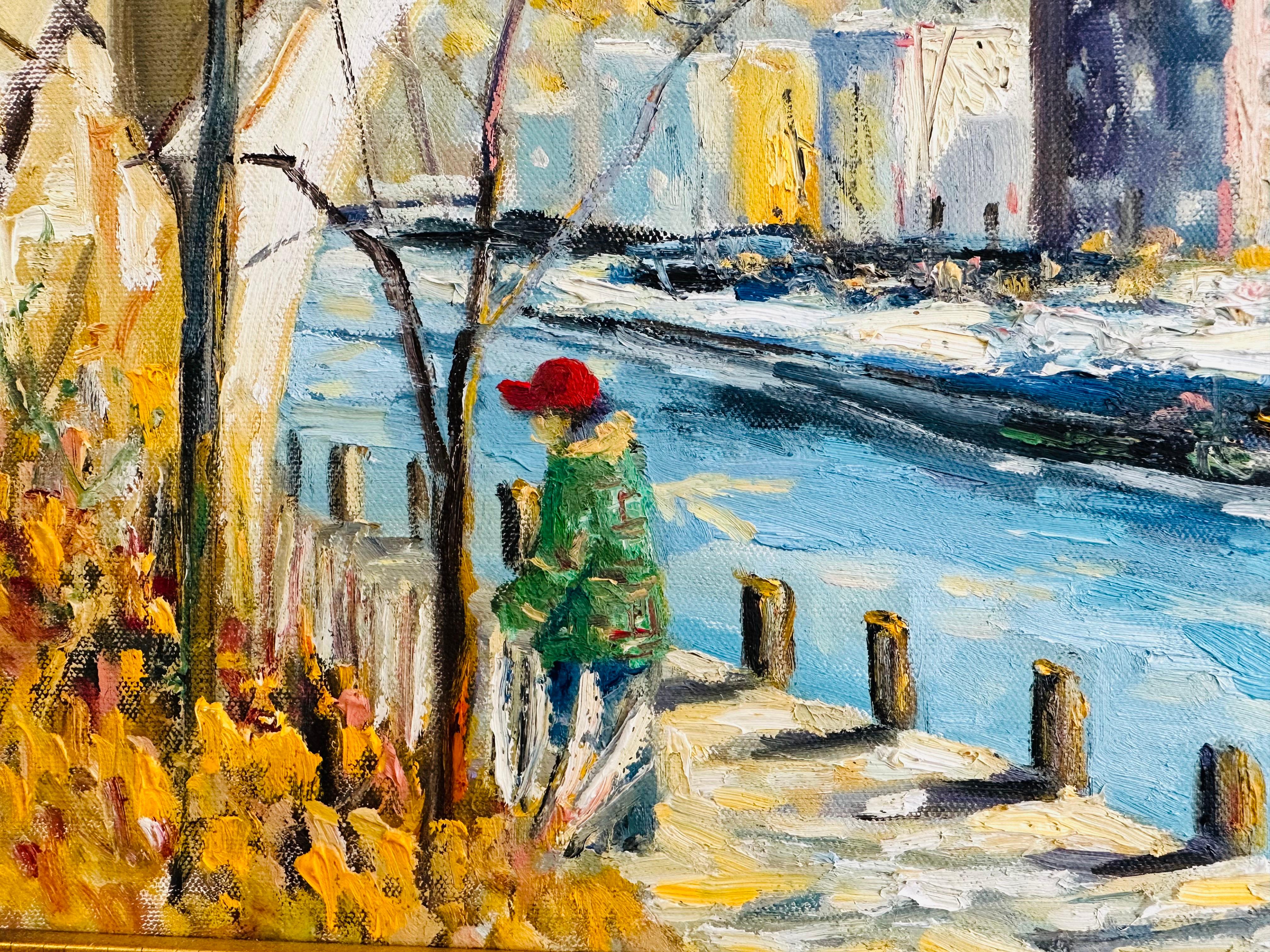 Canvas Morning Walk on the Manyaunk Philadelphia Bridge Impressionist Oil Painting For Sale