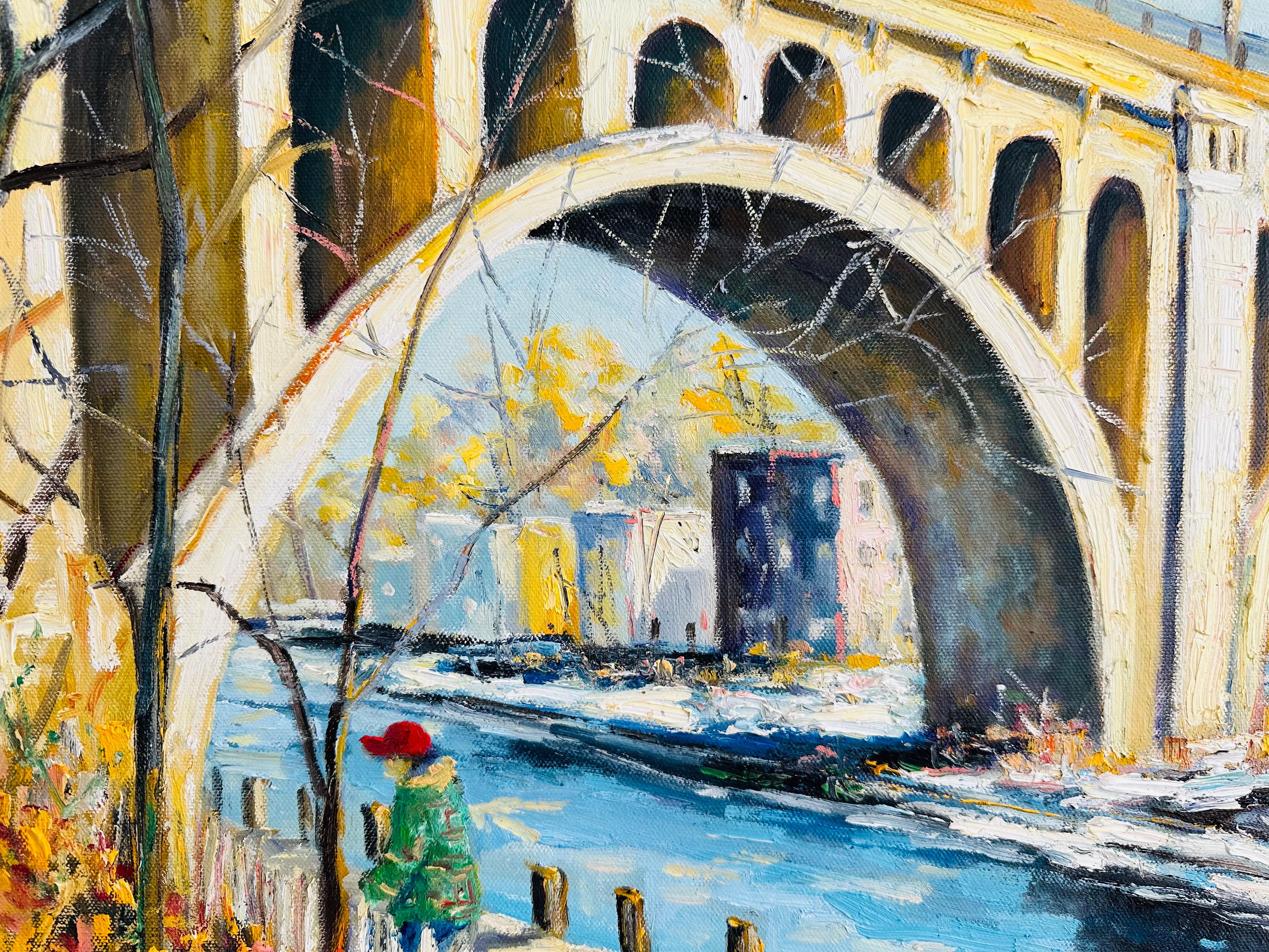 Morning Walk on the Manyaunk Philadelphia Bridge Impressionist Oil Painting For Sale 1