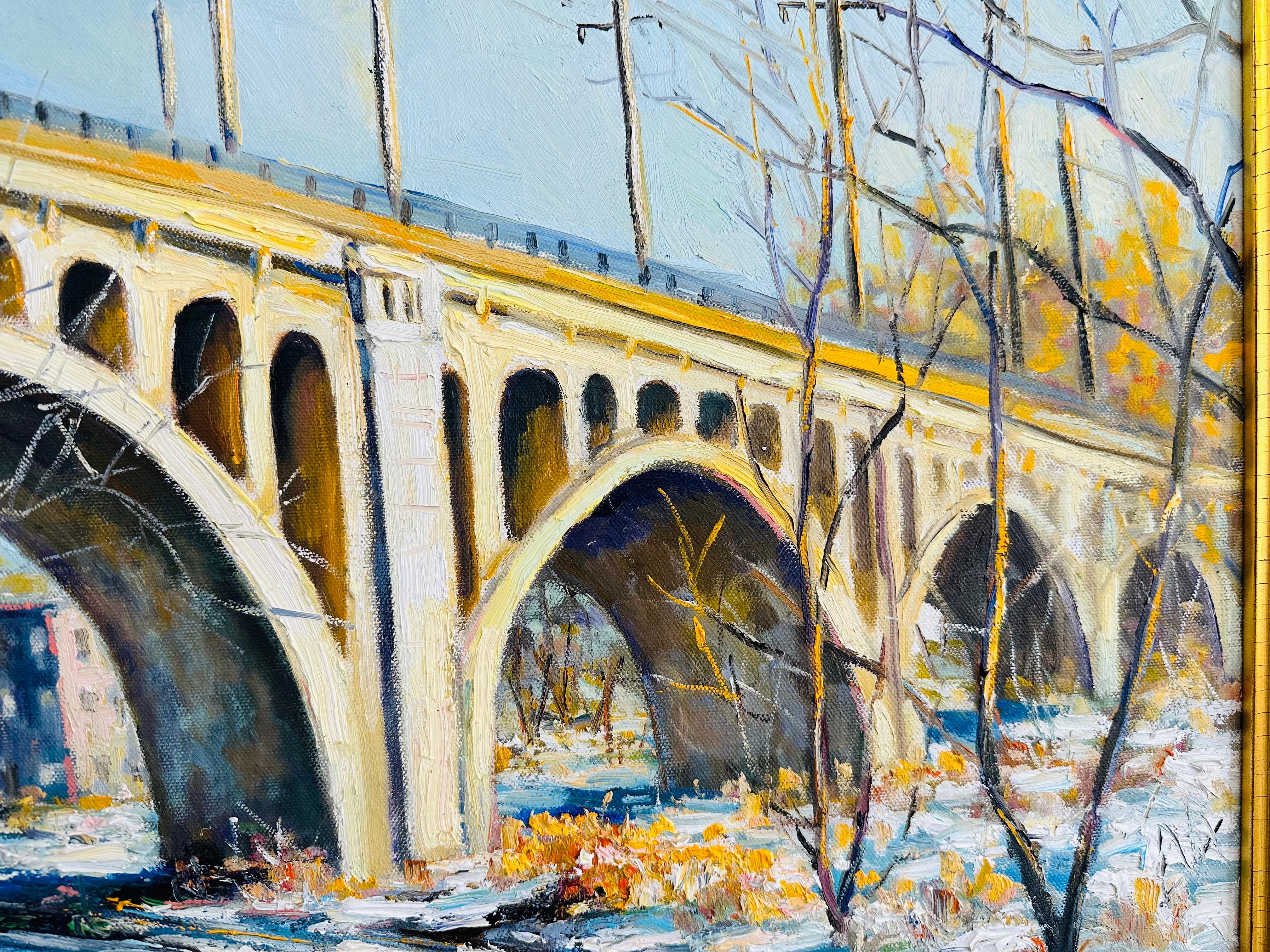 Peinture à l'huile impressionniste du matin sur le pont de Manyaunk, Philadelphie en vente 1