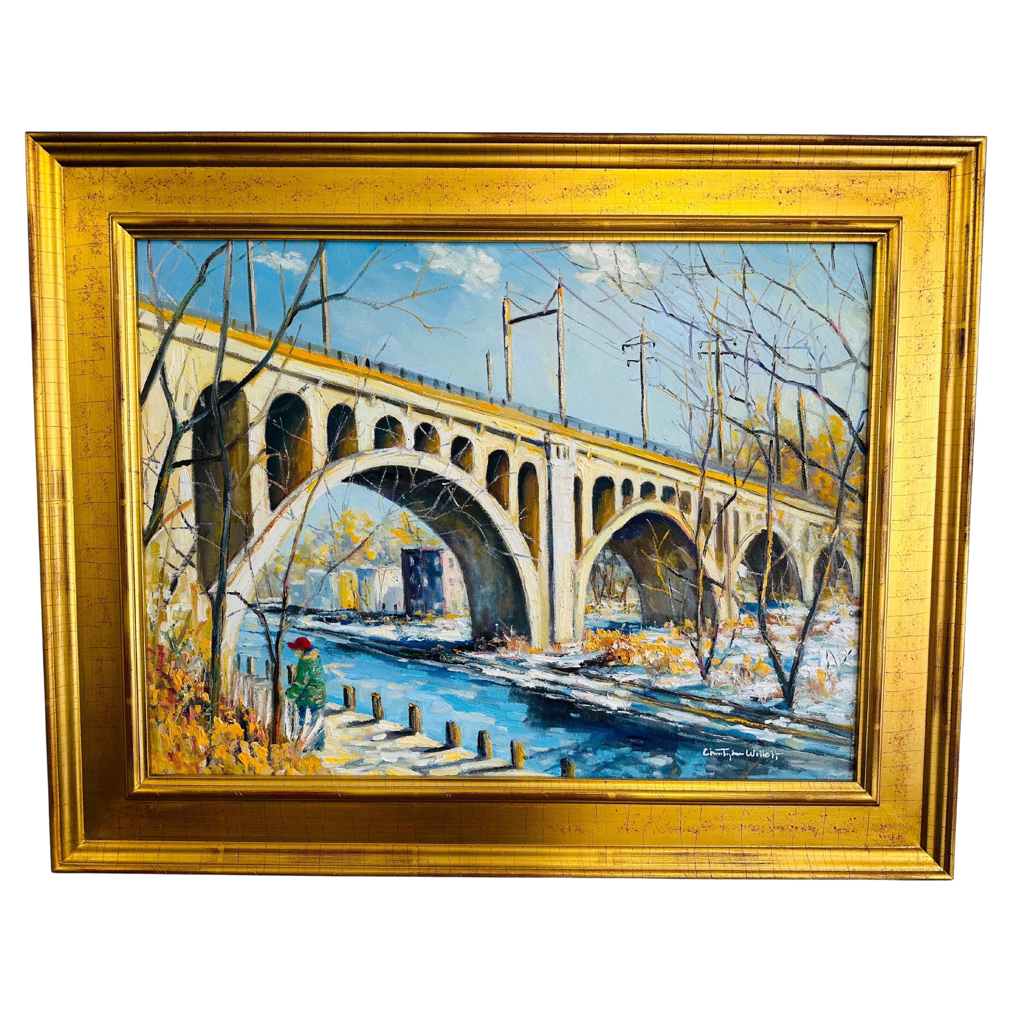 Morning Walk on the Manyaunk Philadelphia Bridge Impressionist Oil Painting For Sale