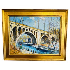 Morning Walk on the Manyaunk Philadelphia Bridge Impressionist Oil Painting