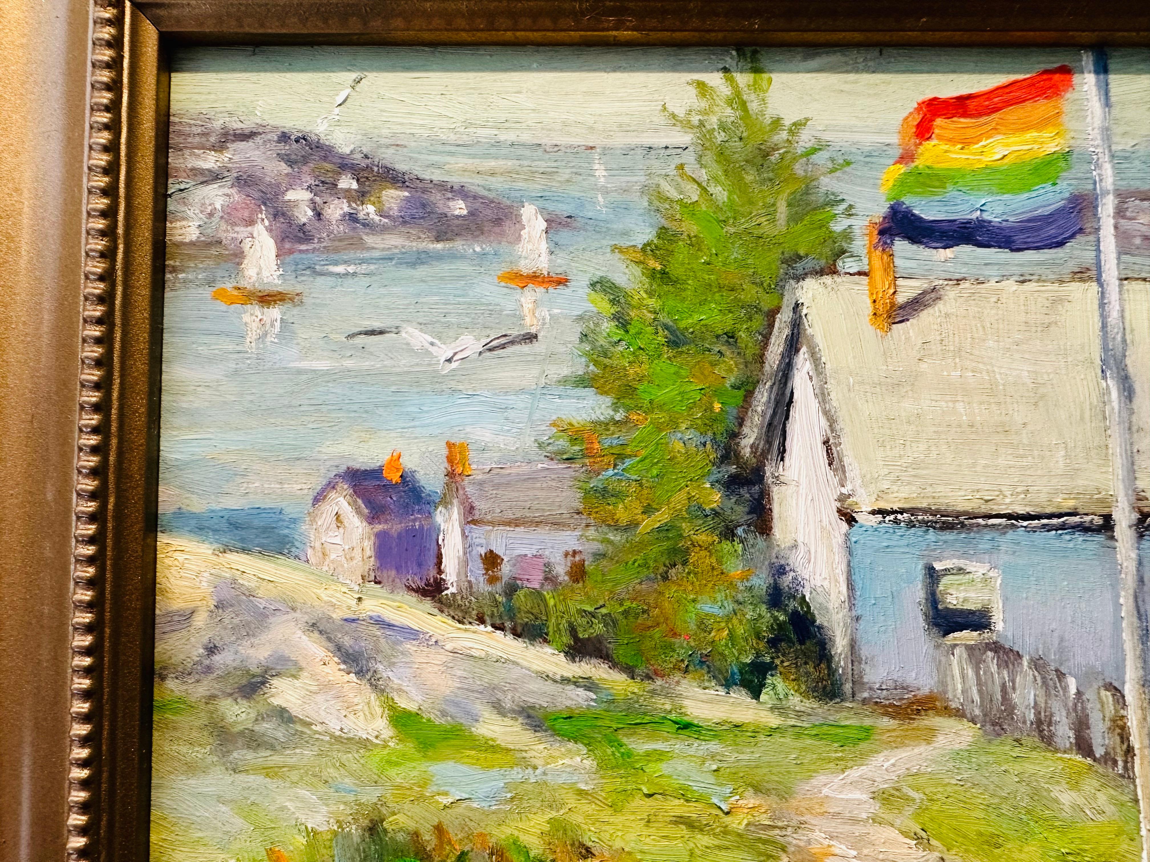 American Classical Morning Wind Provincetown MA Pride Flag Impressionist House on Hill Oil Painting For Sale