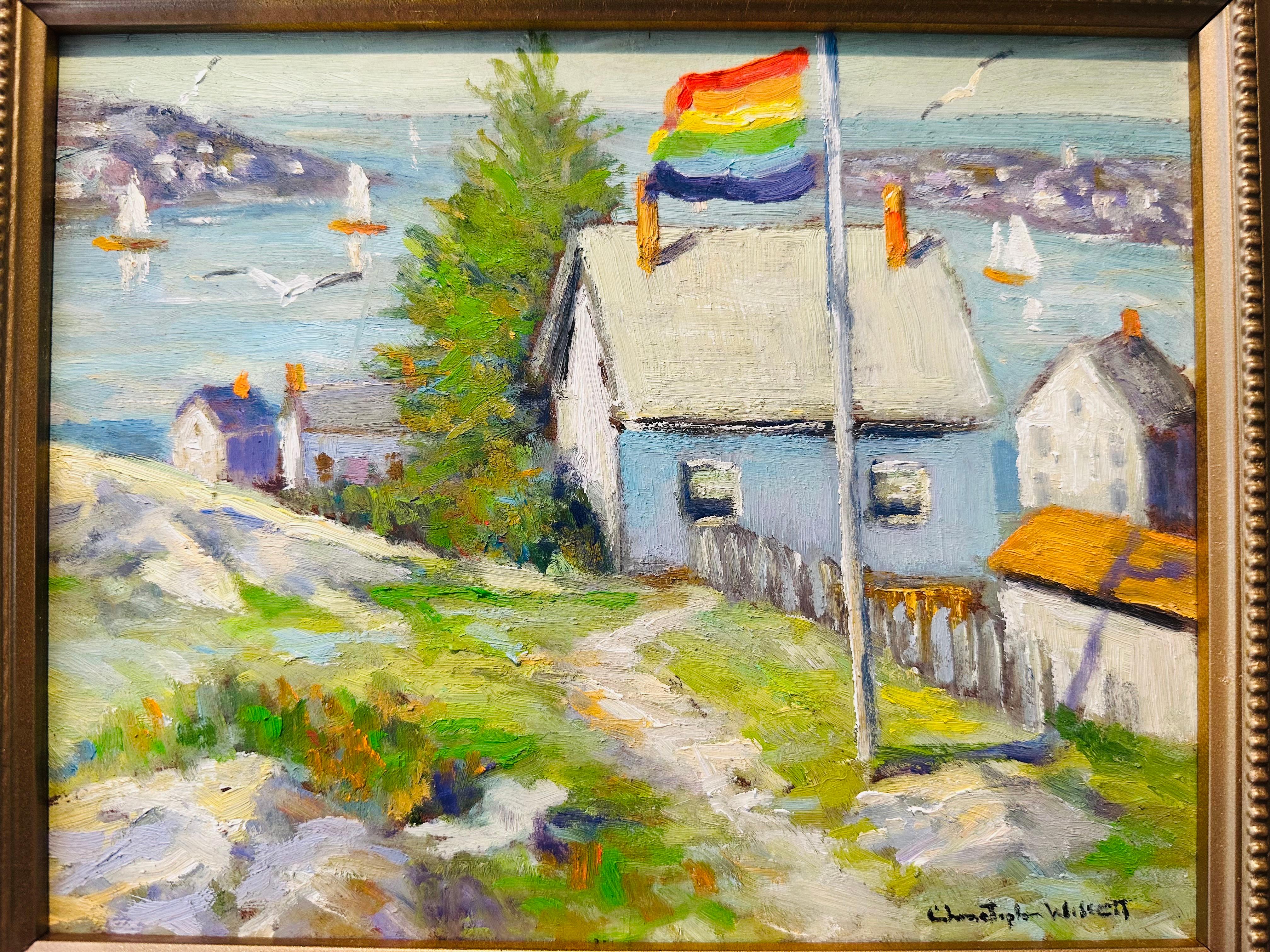 Morning Wind Provincetown MA Pride Flag Impressionist House on Hill Oil Painting In Excellent Condition For Sale In Philadelphia, PA