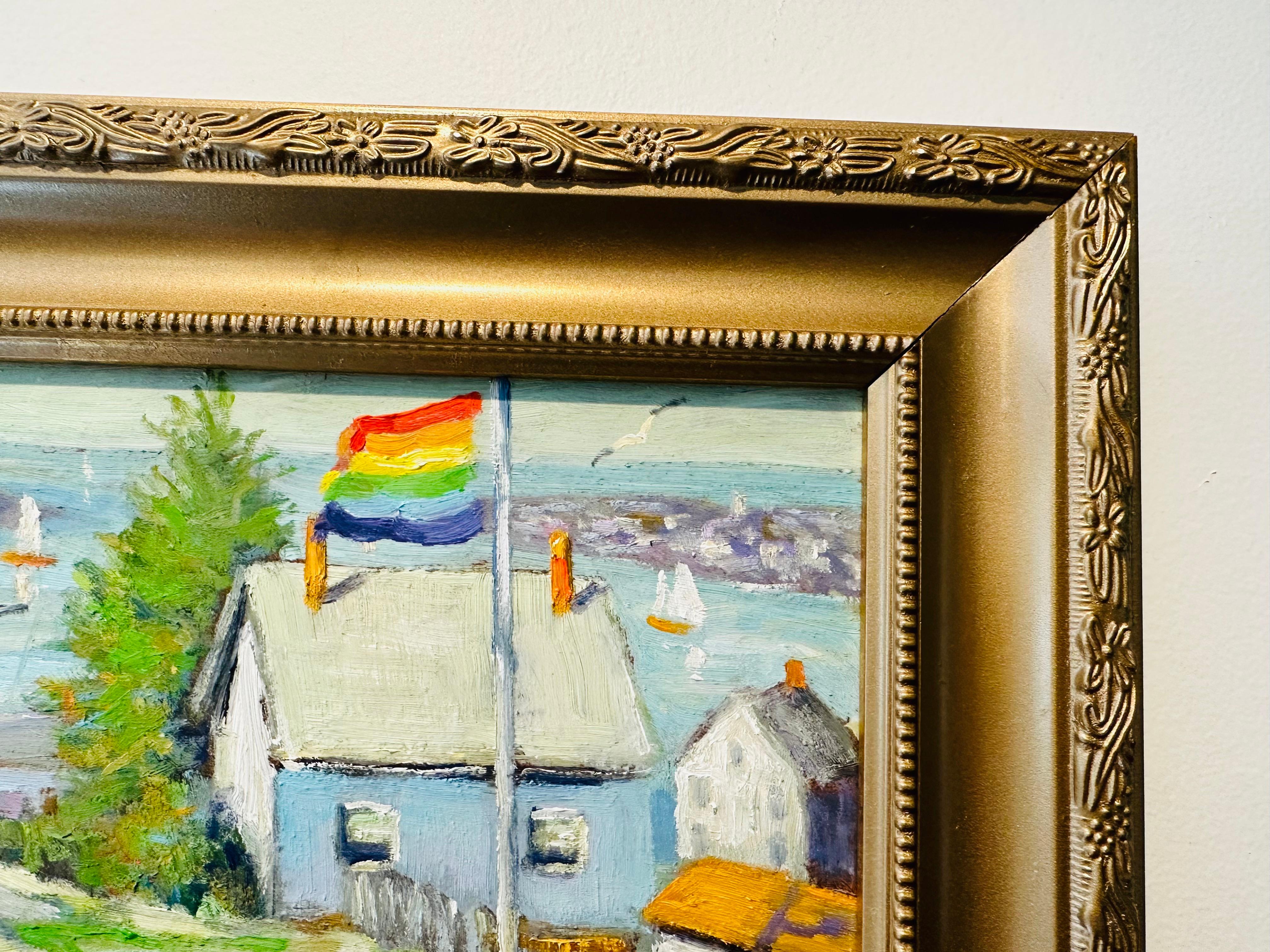 Canvas Morning Wind Provincetown MA Pride Flag Impressionist House on Hill Oil Painting For Sale