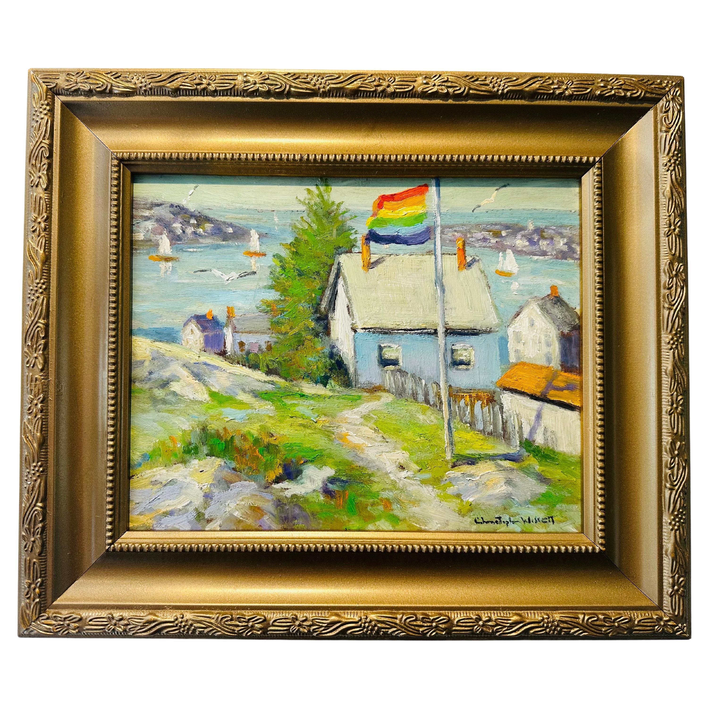 Peinture à l'huile impressionniste « Morning Wind Provincetown MA Pride Flag » représentant une maison sur une colline