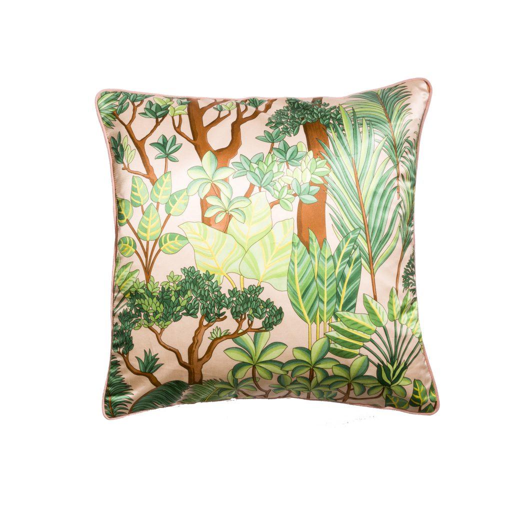 Morny Pêche Pink and Green Floral Printed Silk Pillow/Cushion  For Sale