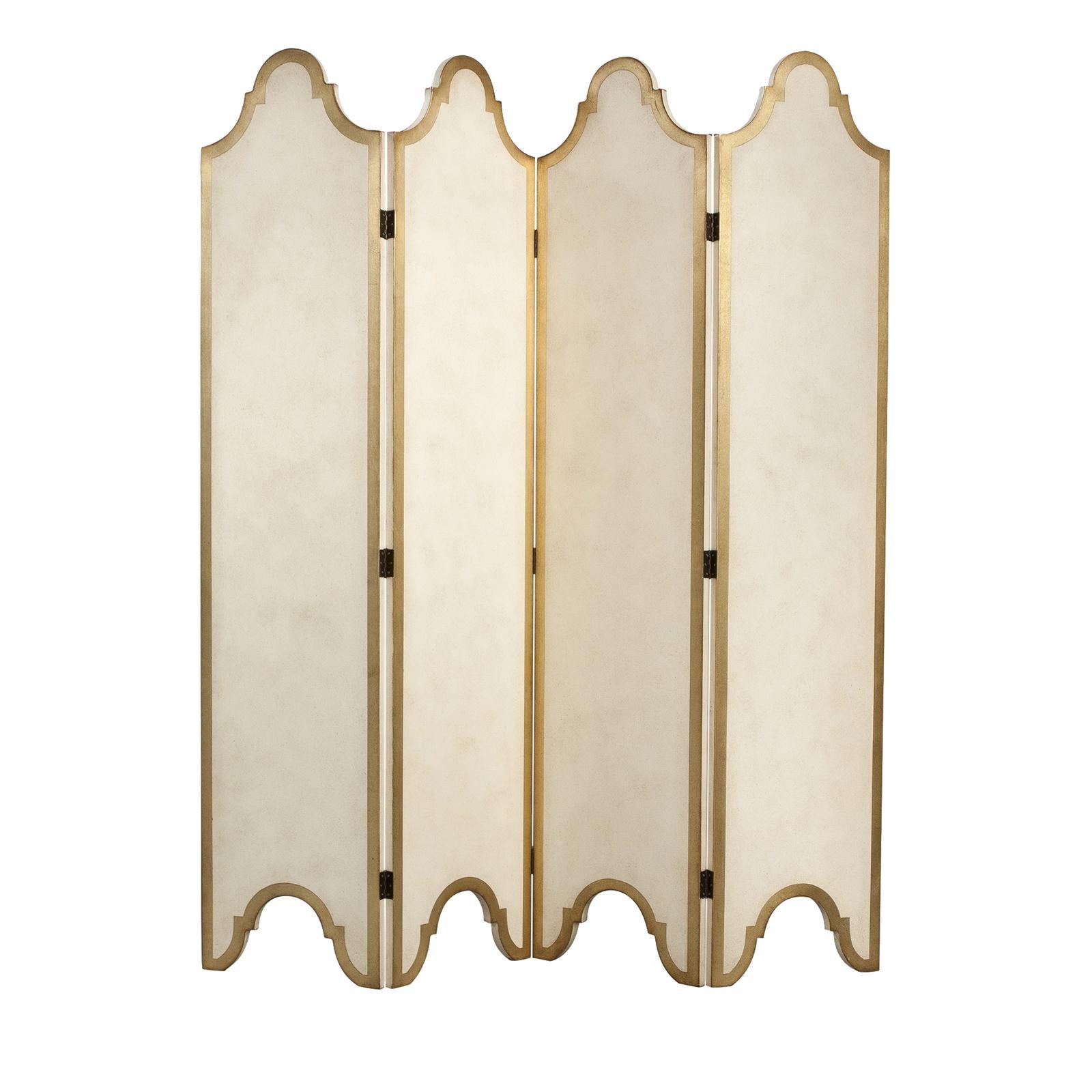 With its sophisticated gold-and-ivory color combination, this hand painted screen evokes the luxury of 18th century Venetian style. Composed of four hinged panels, each with an arched top that mirrors the carved shape at the bottom, this handcrafted