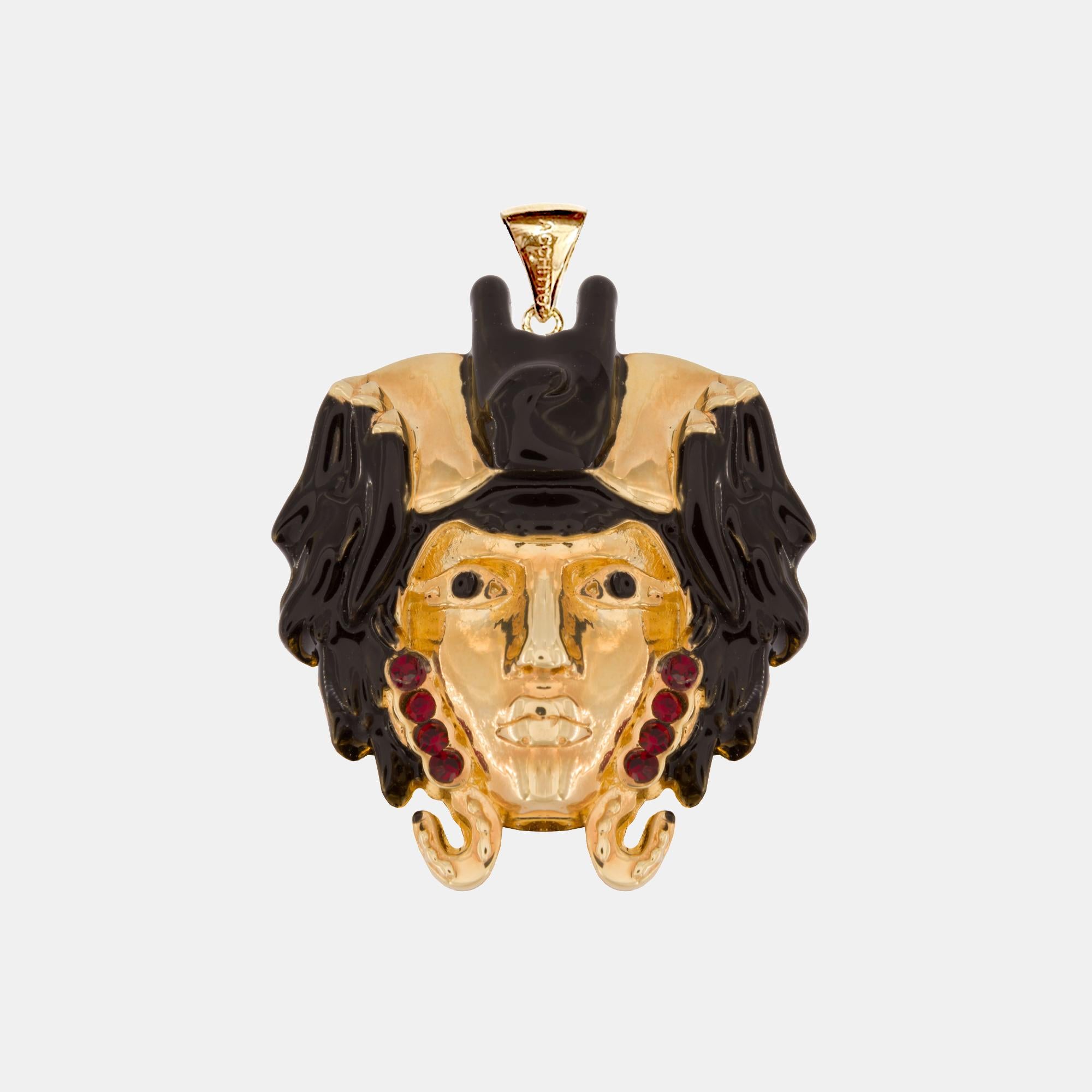 The Moro Fortunato Black Iconic Pendant made of 18K gold plated brass and embellished with Swarovski crystals and colored enamels, can be worn in different ways: it can be matched with Acchitto Stilla drop earrings, Acchitto Aurea necklaces, but