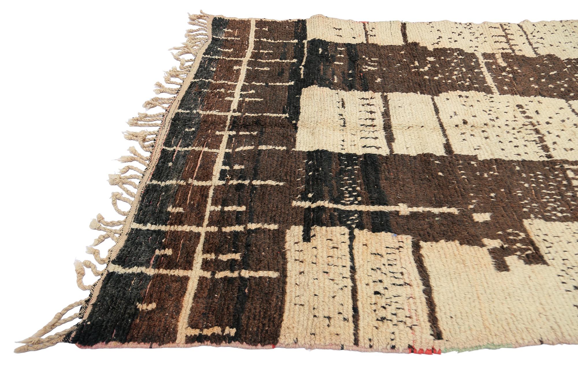 Hand-Knotted Moroсcan Biege and Brown Boujaad rug, Geometric Bohemian Shag Rug, In Stock For Sale