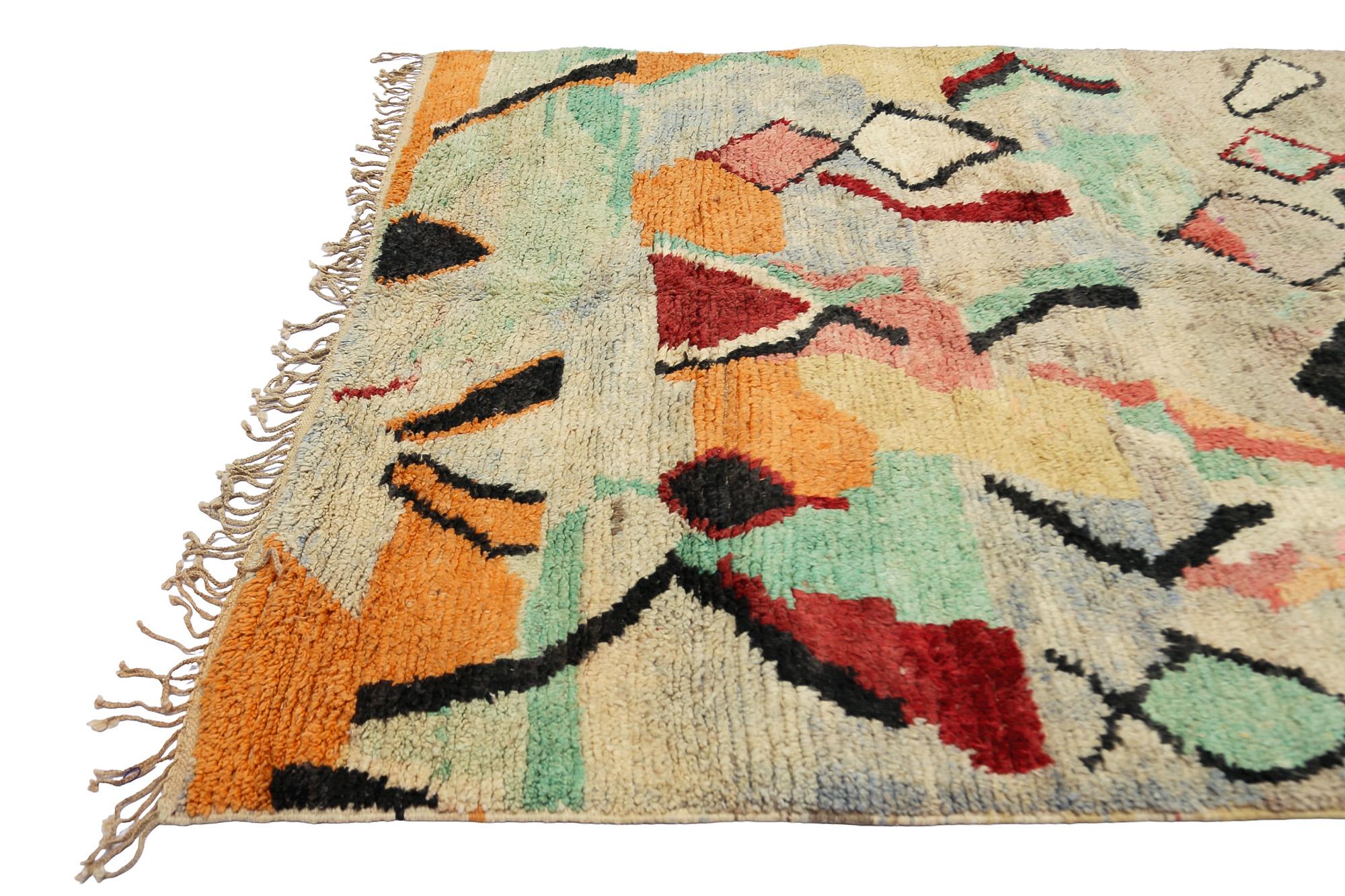 Bohemian Moroсcan Multicolored Boujaad rug, Abstract Pattern Berber Shag Rug, In Stock For Sale