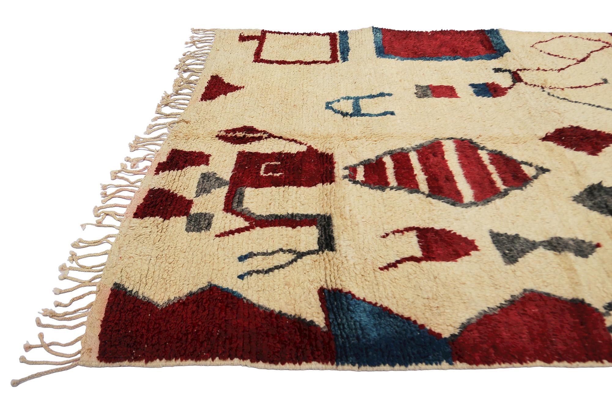 Bohemian Moroсcan Multicolored Boujaad rug, Abstract Pattern Berber Shag Rug, In Stock For Sale