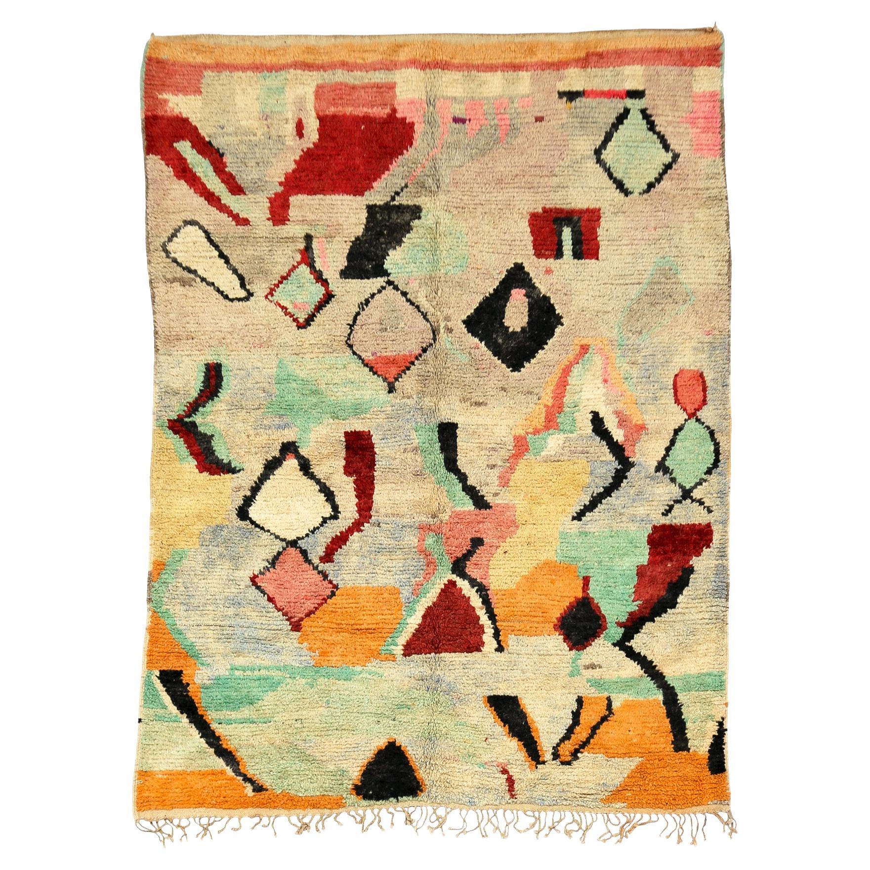 Moroсcan Multicolored Boujaad rug, Abstract Pattern Berber Shag Rug, In Stock For Sale