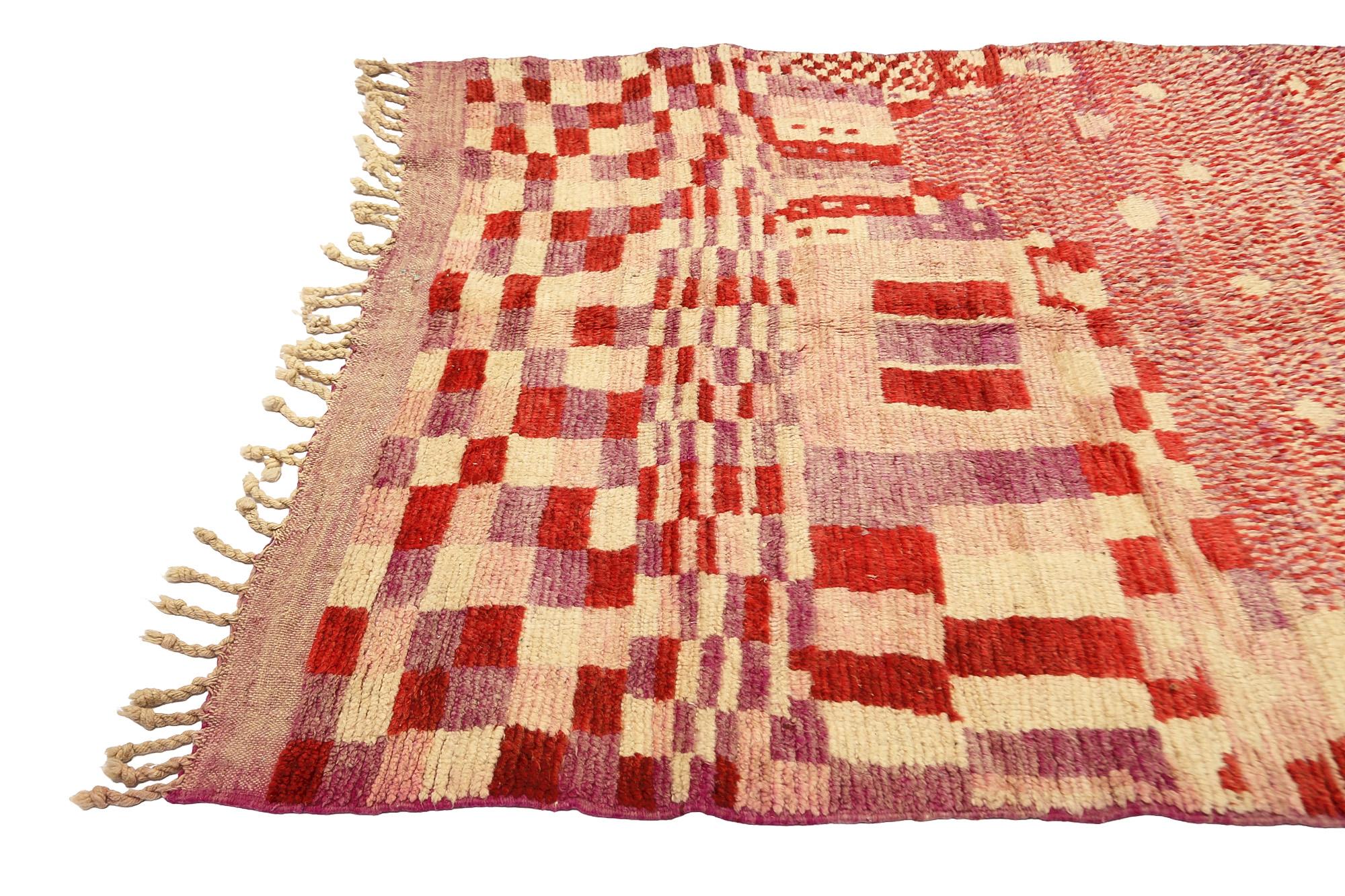 Bohemian Moroсcan Pink Color Boujaad rug, Chess Pattern Berber Shag Rug, In Stock For Sale