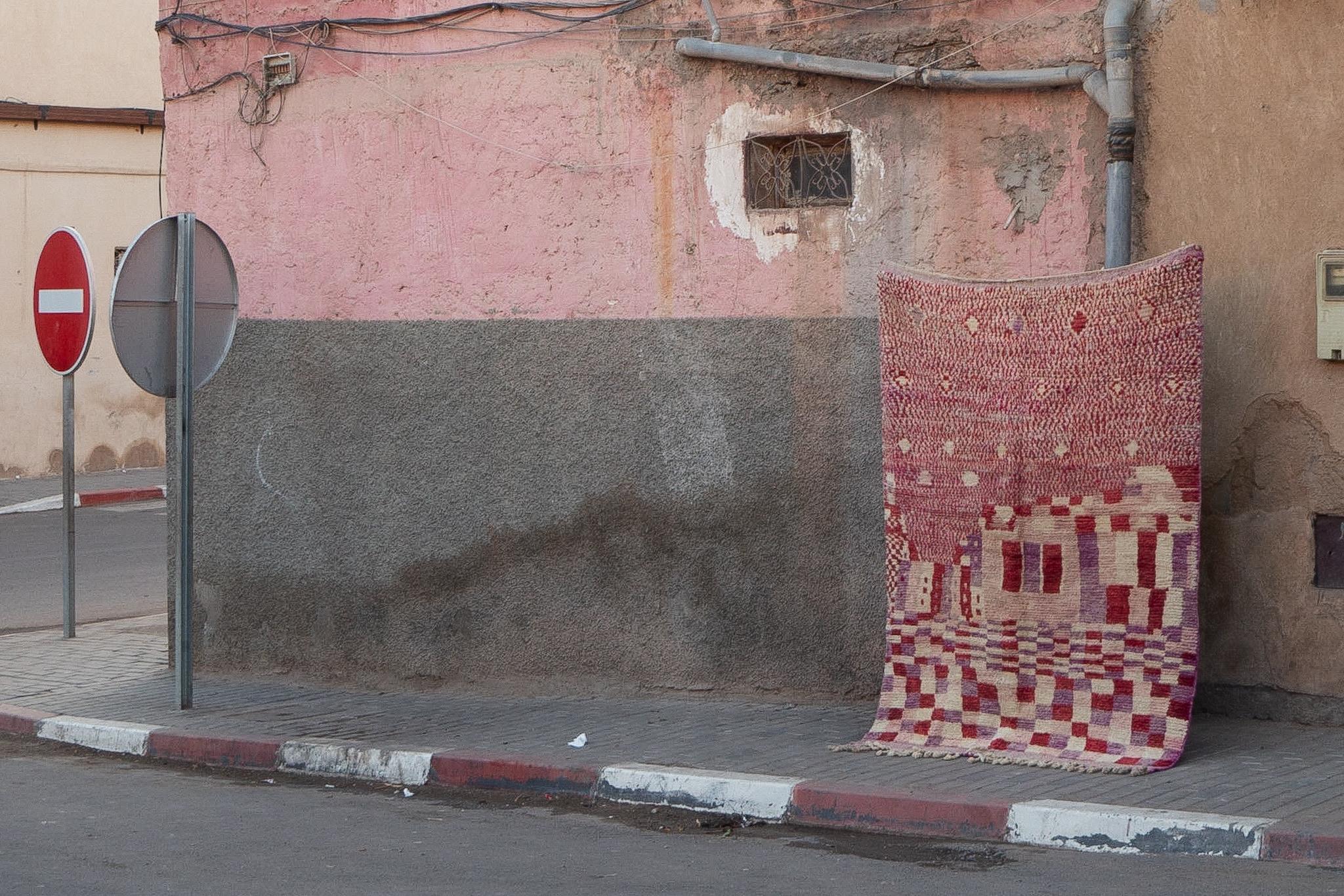 Moroccan Moroсcan Pink Color Boujaad rug, Chess Pattern Berber Shag Rug, In Stock For Sale