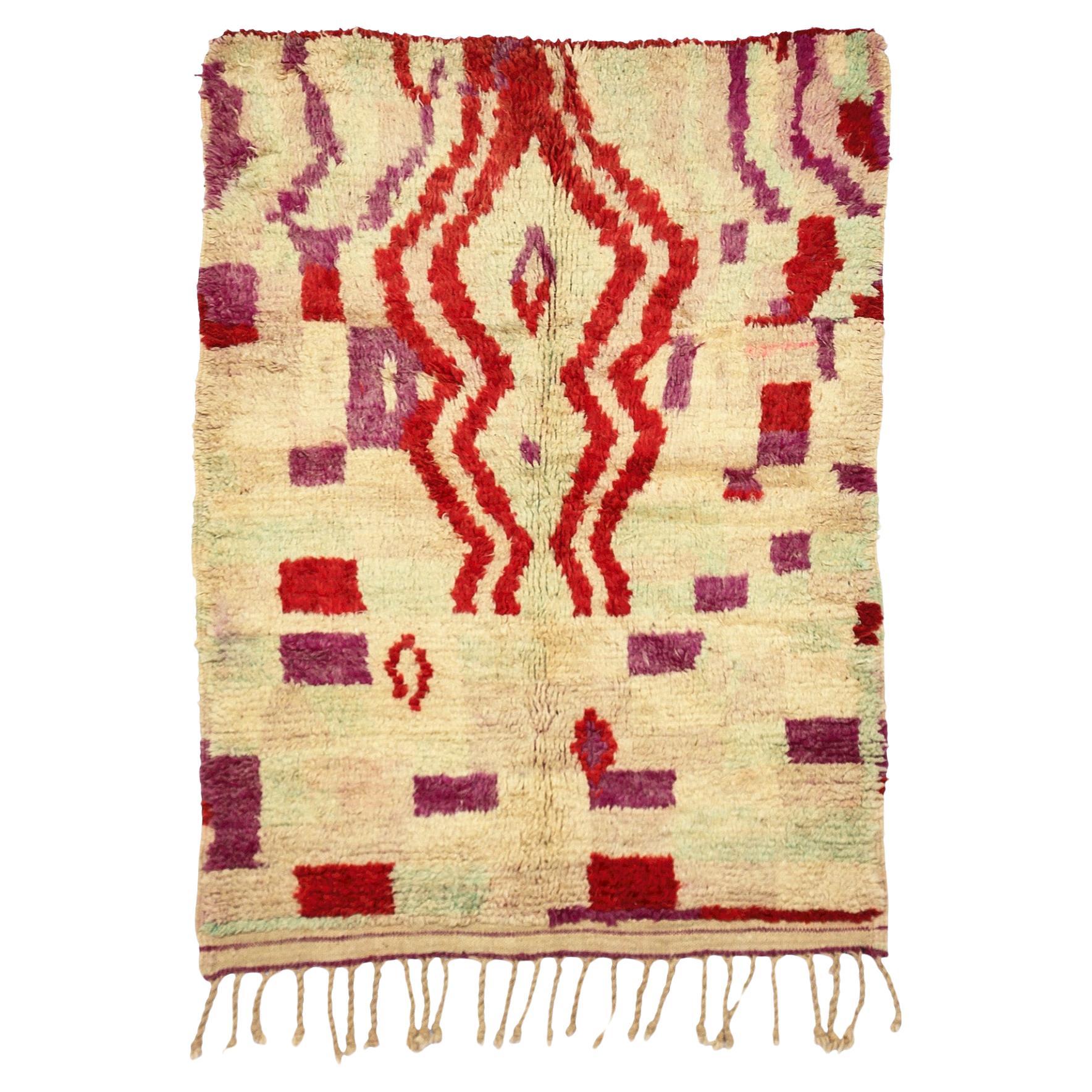 Moroсcan Red and Violet Color Boujaad rug, Bohemian Berber Shag Rug, In Stock For Sale
