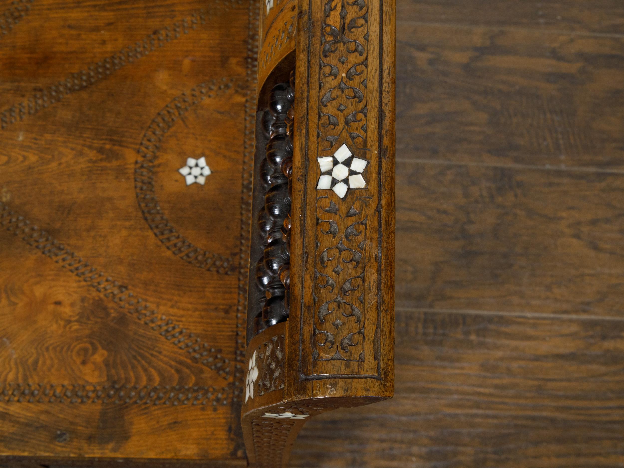 Moroccan 1900s Bench with Arching Backrest and Mother-of-Pearl Star Inlay For Sale 8