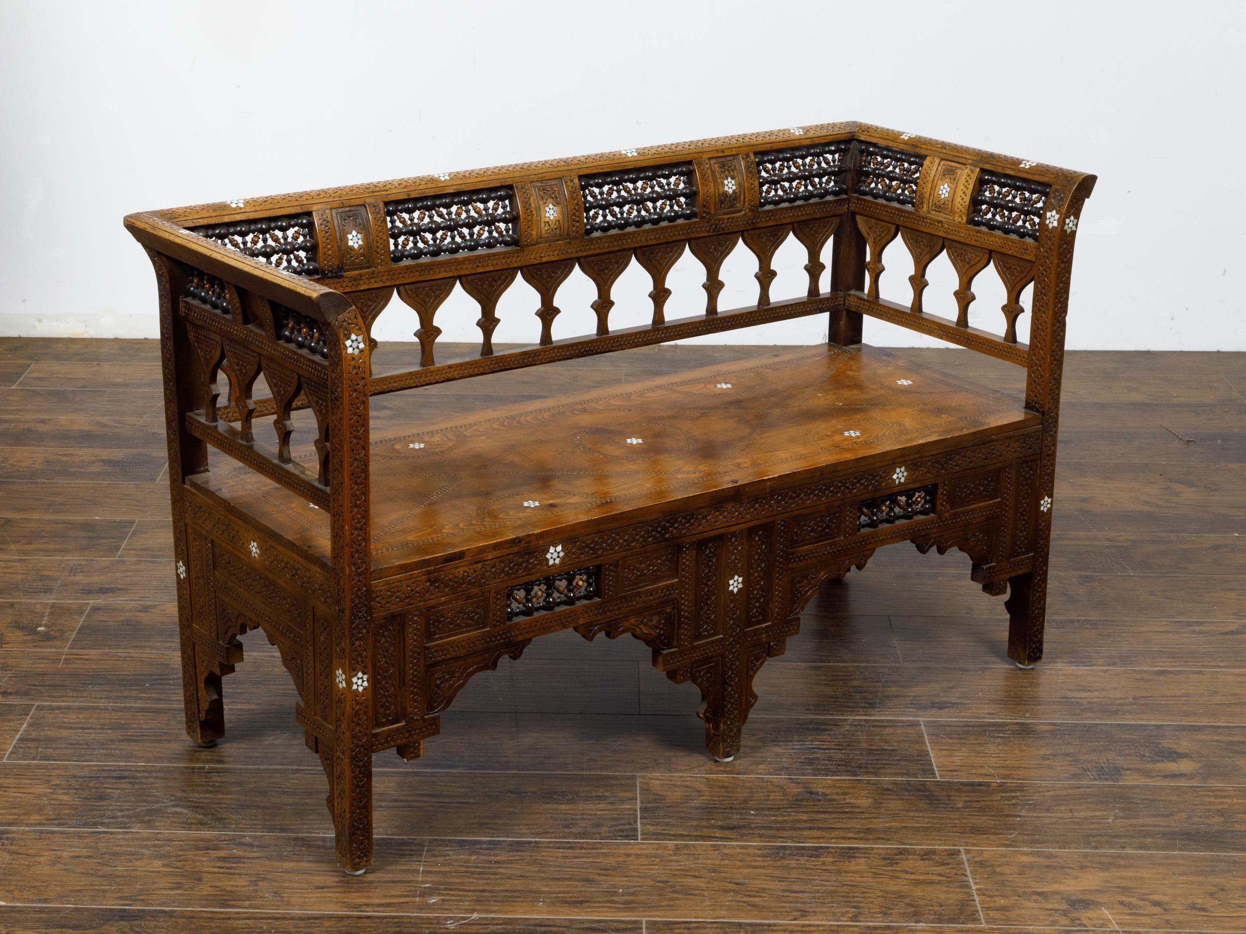 Moroccan 1900s Bench with Arching Backrest and Mother-of-Pearl Star Inlay For Sale 2