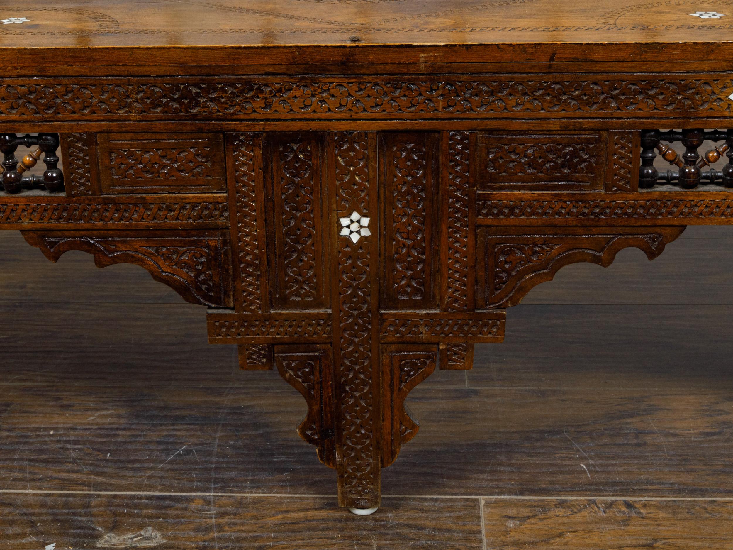 Moroccan 1900s Bench with Arching Backrest and Mother-of-Pearl Star Inlay For Sale 3