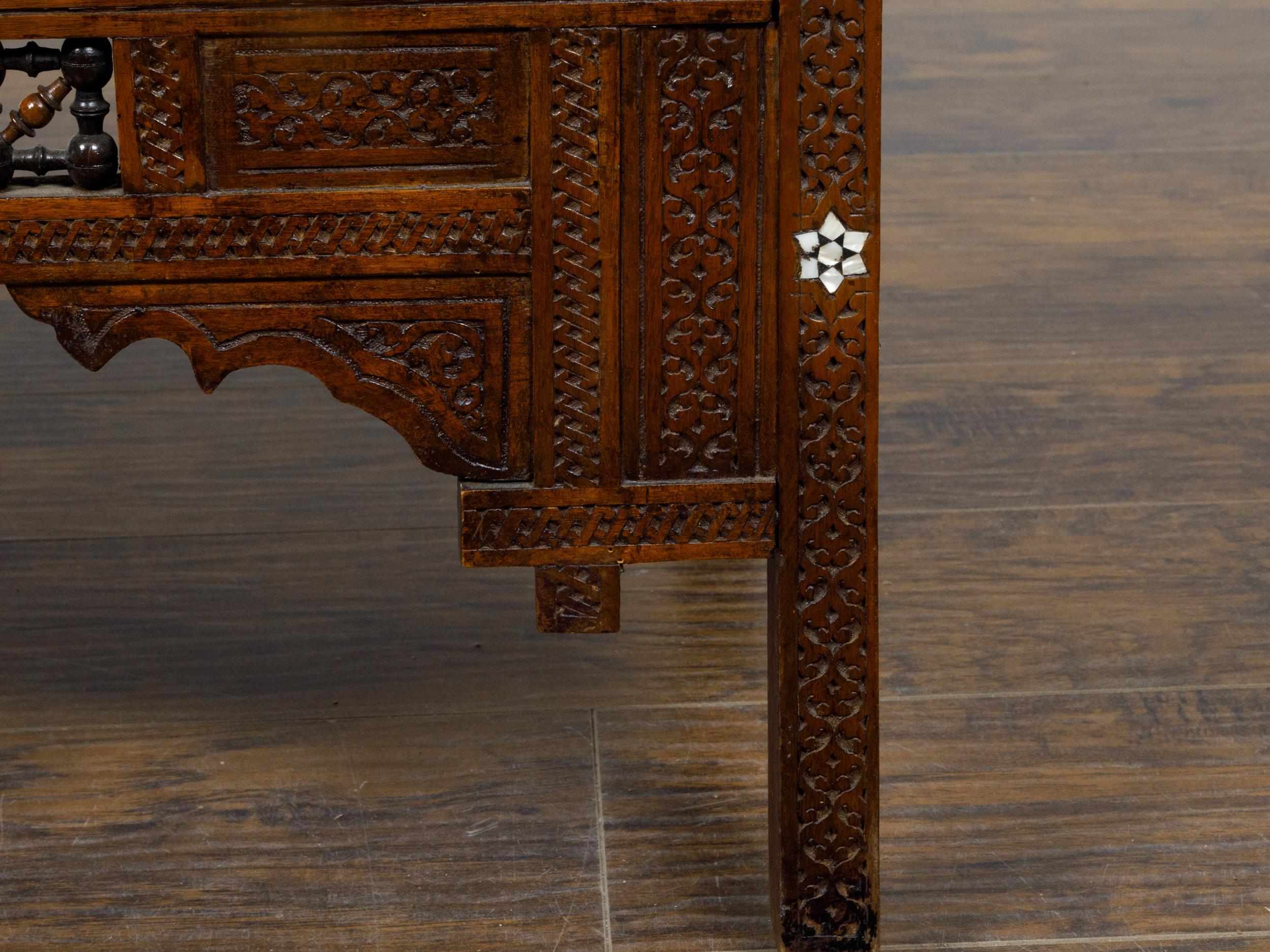 Moroccan 1900s Bench with Arching Backrest and Mother-of-Pearl Star Inlay For Sale 4