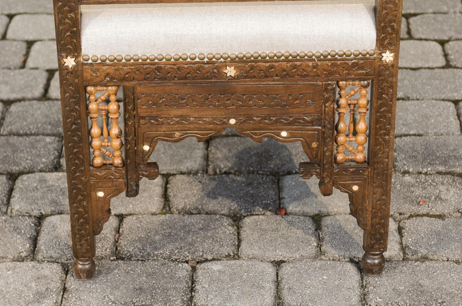 Moroccan 1900s Carved Two-Toned Wooden Upholstered Bench with Out-Scrolling Arms 5