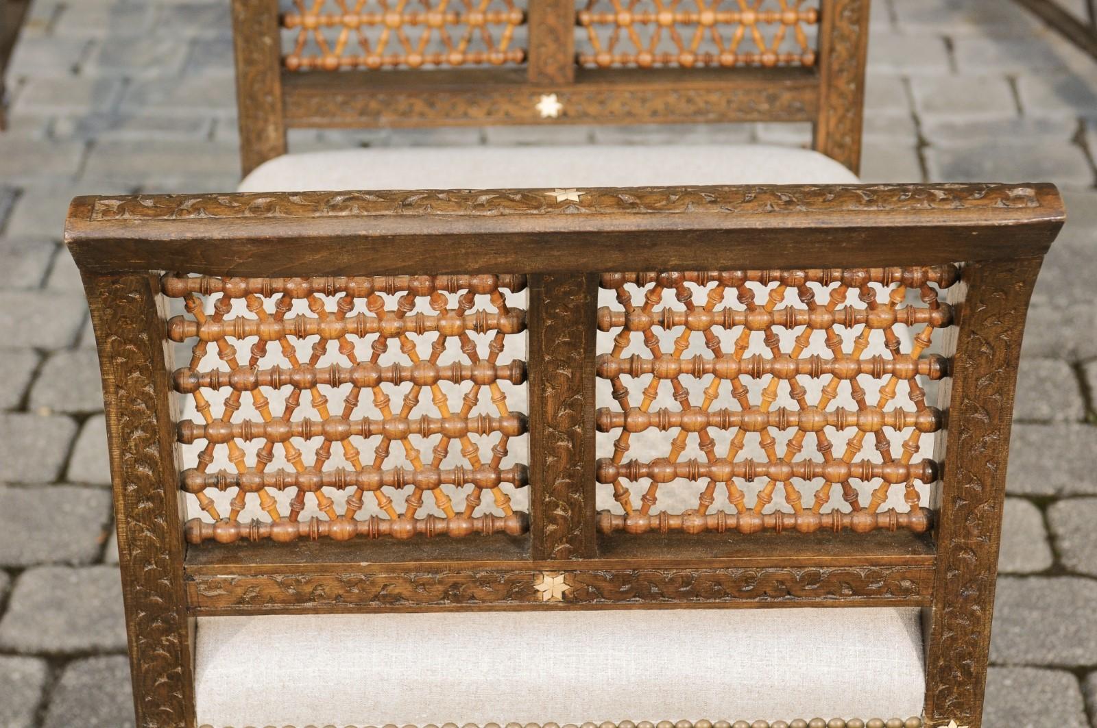 Moroccan 1900s Carved Two-Toned Wooden Upholstered Bench with Out-Scrolling Arms 6