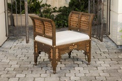 Moroccan 1900s Carved Two-Toned Wooden Upholstered Bench with Out-Scrolling Arms