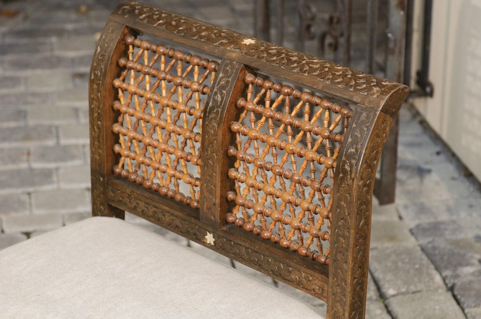Brass Moroccan 1900s Carved Two-Toned Wooden Upholstered Bench with Out-Scrolling Arms