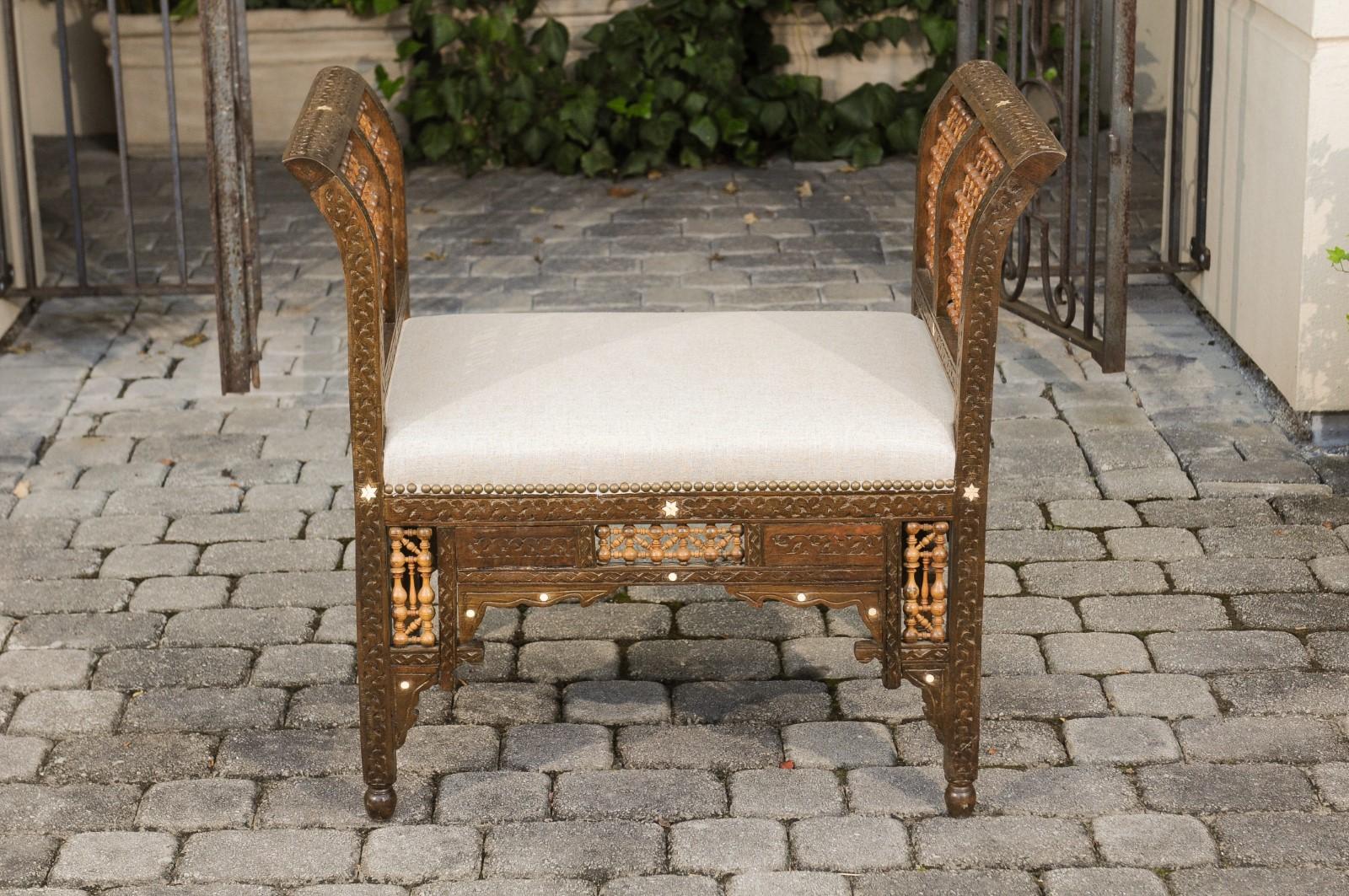 Moroccan 1900s Carved Two-Toned Wooden Upholstered Bench with Out-Scrolling Arms 1