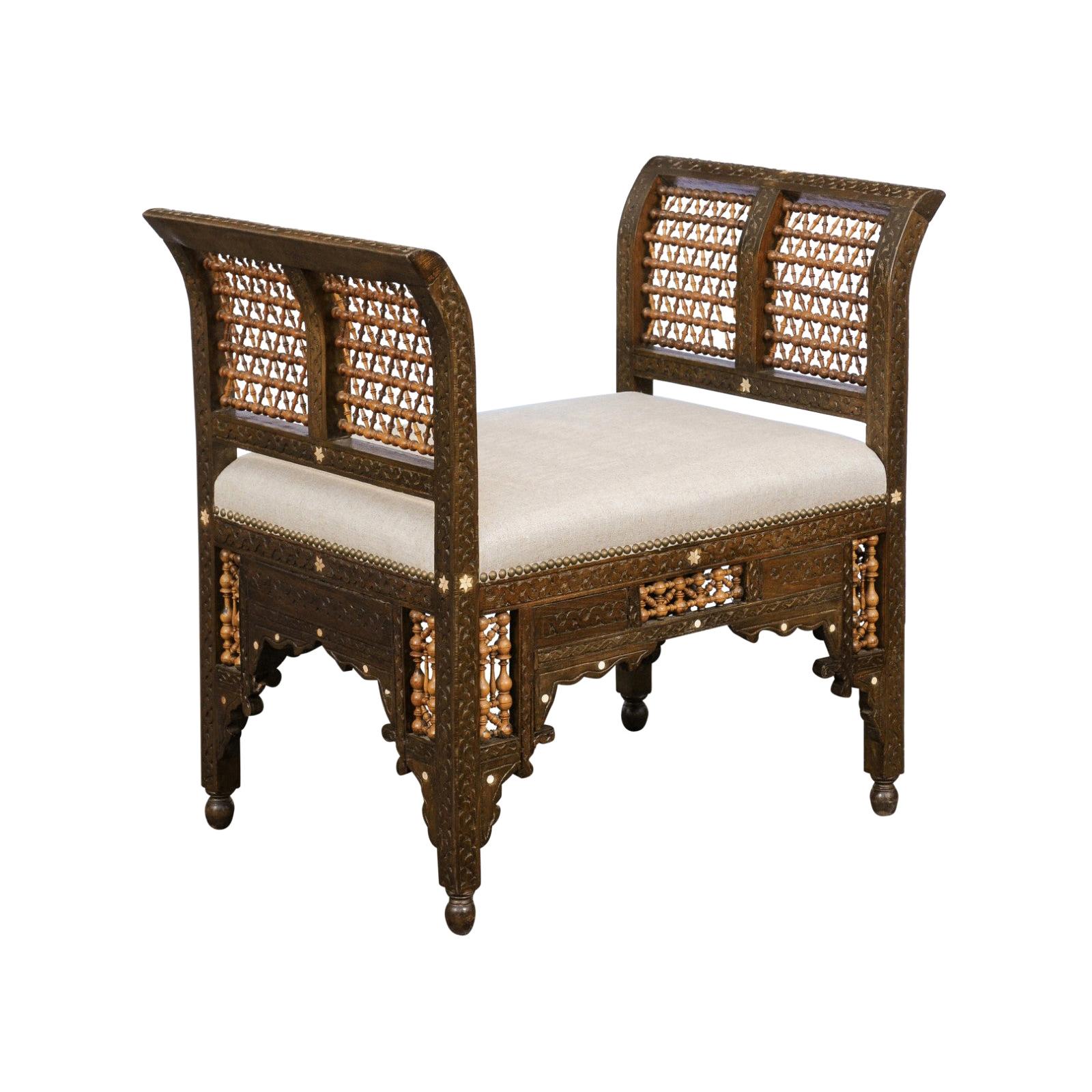 Moroccan 1900s Carved Two-Toned Wooden Upholstered Bench with Out-Scrolling Arms