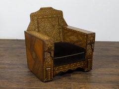 Moroccan 1900s Club Chair with Geometric Bone Inlay and Cushion