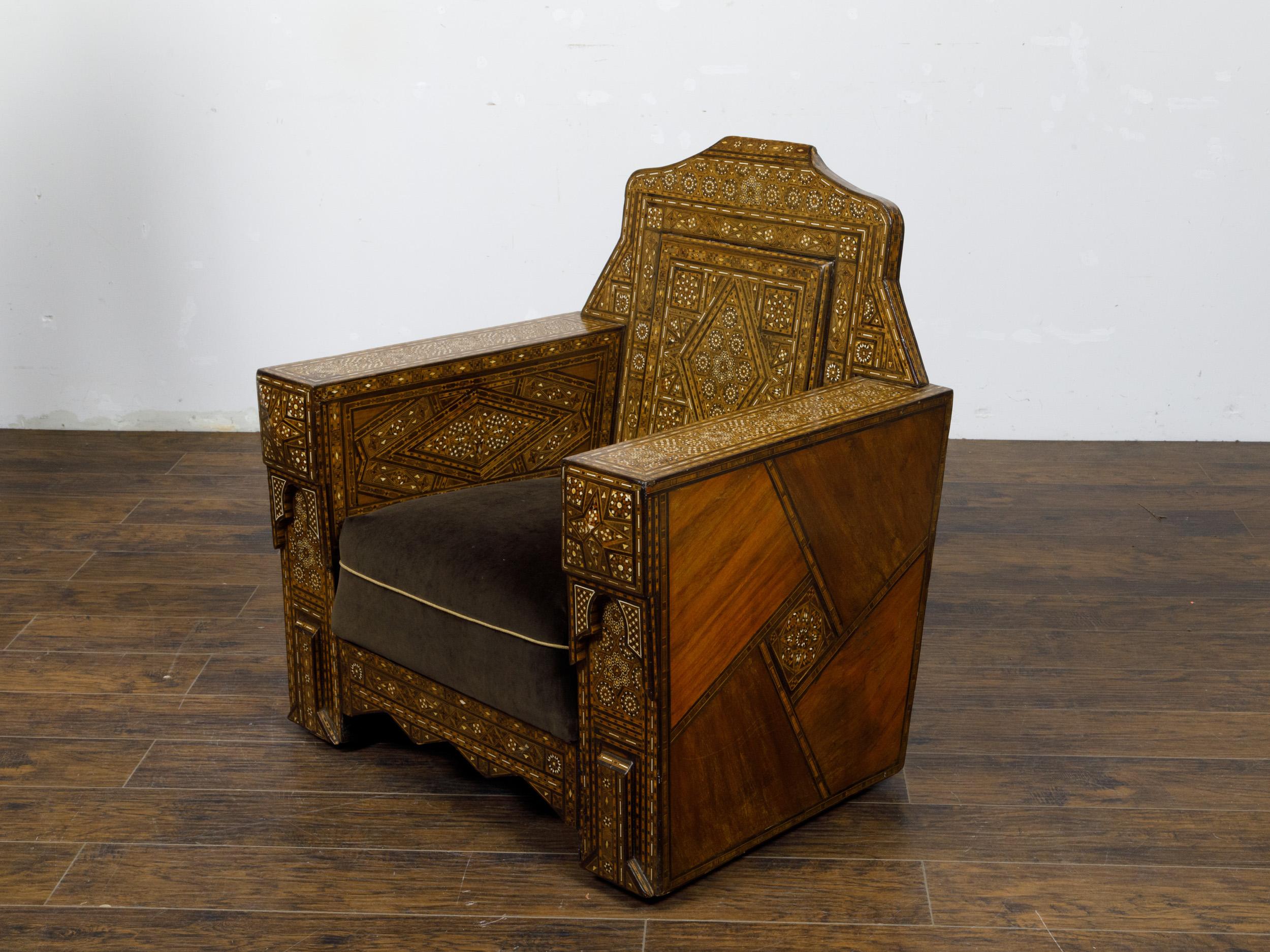Moroccan 1900s Club Chair with Geometric Bone Inlay and Cushion For Sale 2