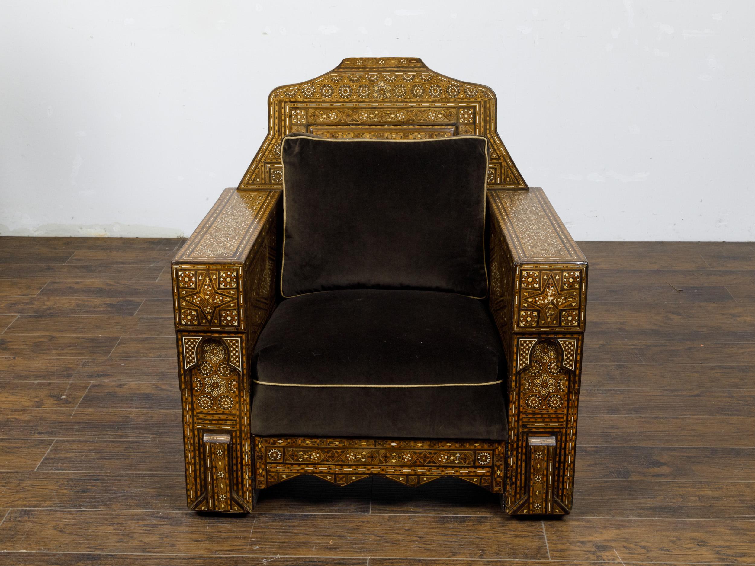 Moroccan 1900s Club Chair with Geometric Bone Inlay and Cushion For Sale 3