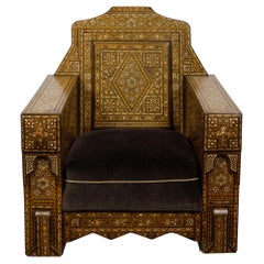 Moroccan 1900s Club Chair with Geometric Bone Inlay and Cushion
