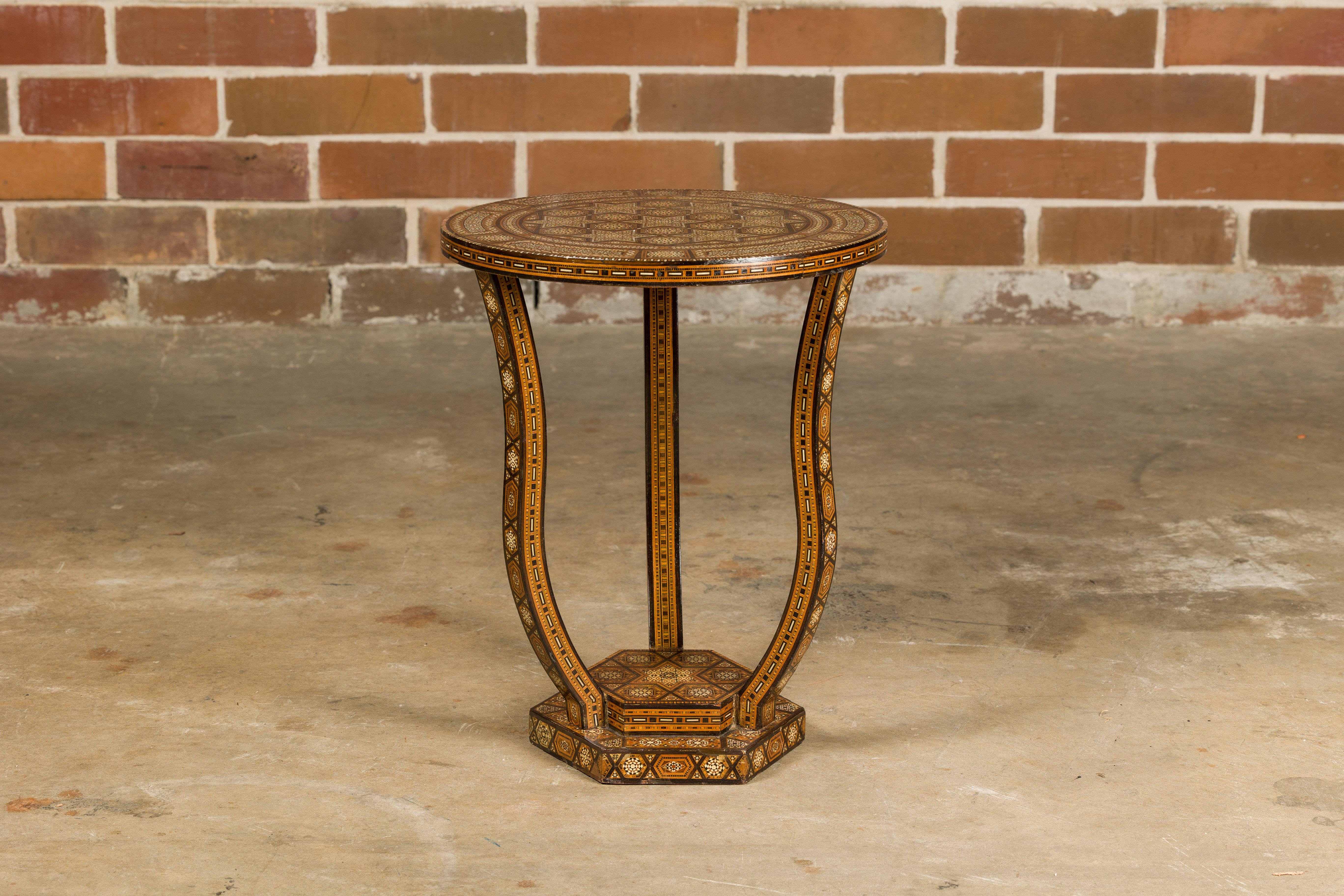 Moroccan 1900s Moorish Style Table with Geometric Bone Inlay and Curving Legs In Good Condition For Sale In Atlanta, GA