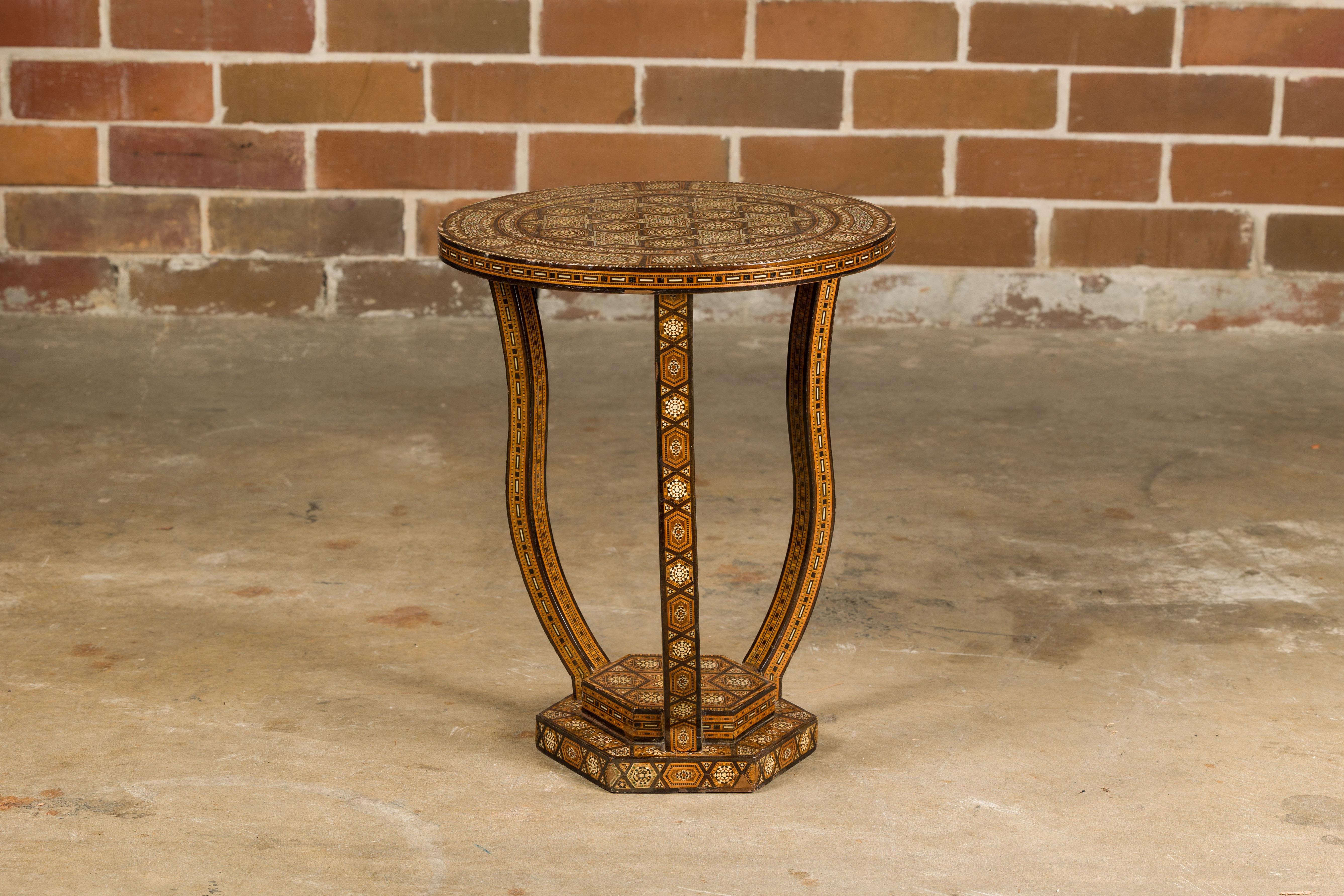 20th Century Moroccan 1900s Moorish Style Table with Geometric Bone Inlay and Curving Legs For Sale