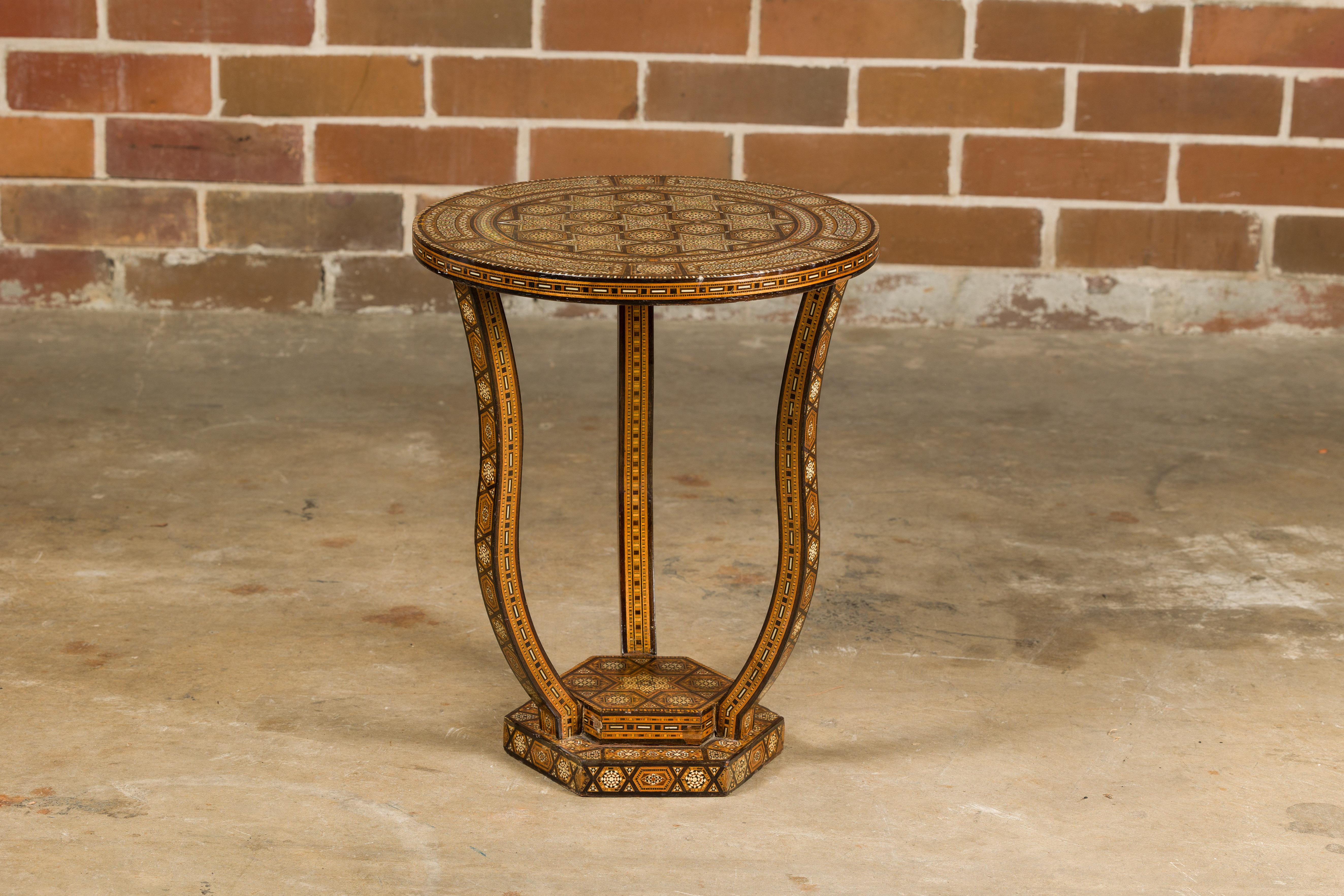 Moroccan 1900s Moorish Style Table with Geometric Bone Inlay and Curving Legs For Sale 1