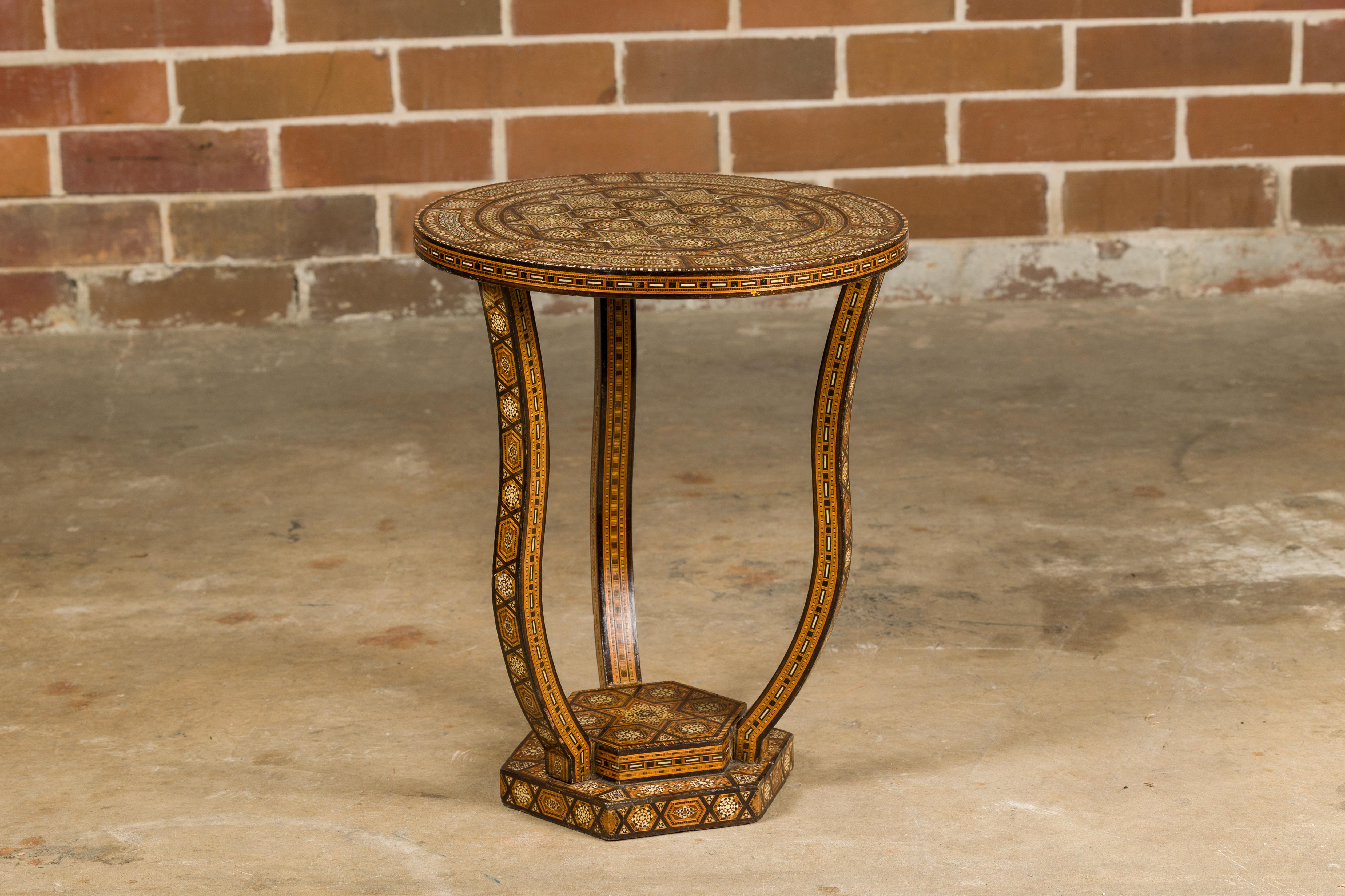 Moroccan 1900s Moorish Style Table with Geometric Bone Inlay and Curving Legs For Sale 2