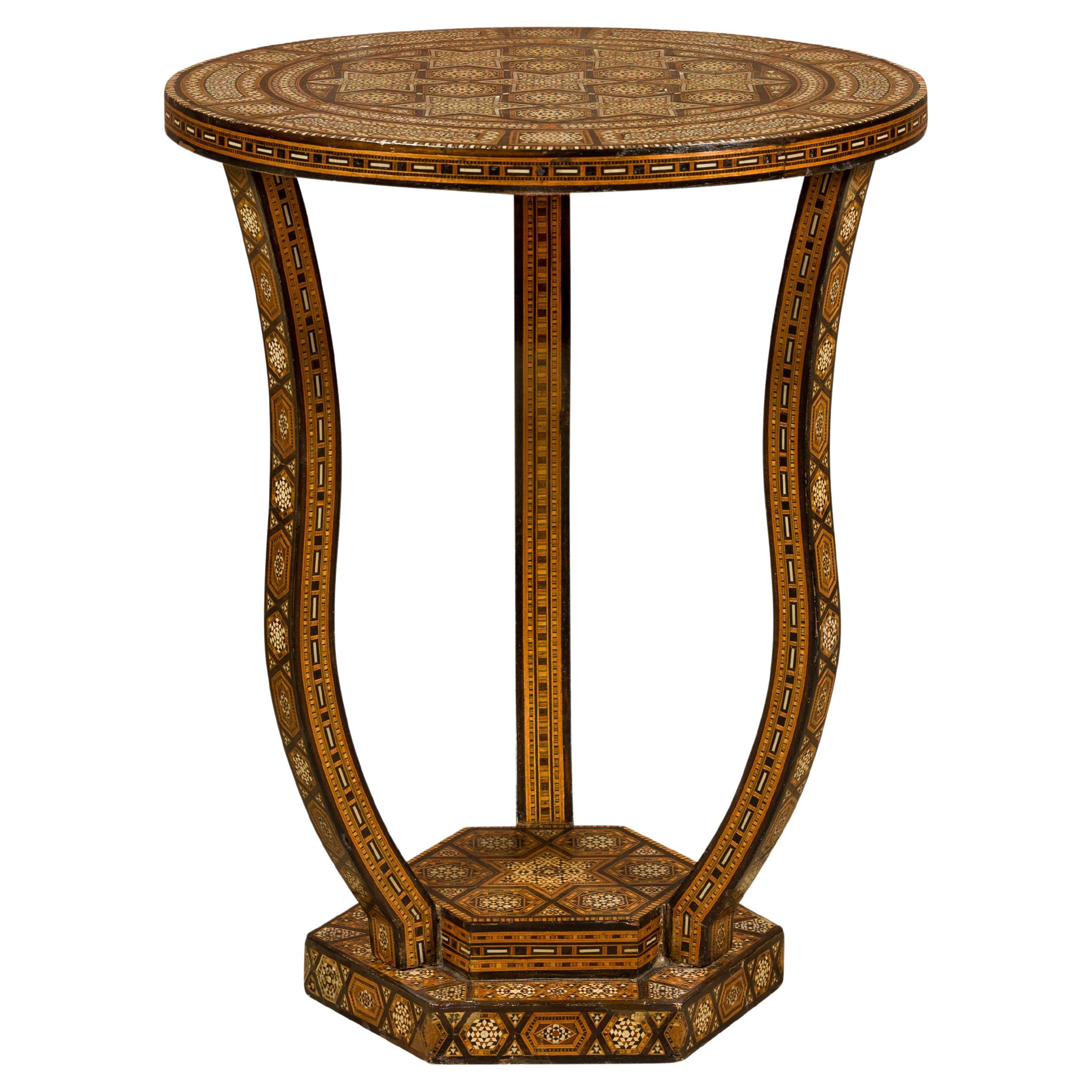 Moroccan 1900s Moorish Style Table with Geometric Bone Inlay and Curving Legs For Sale