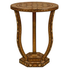 Moroccan 1900s Moorish Style Table with Geometric Bone Inlay and Curving Legs